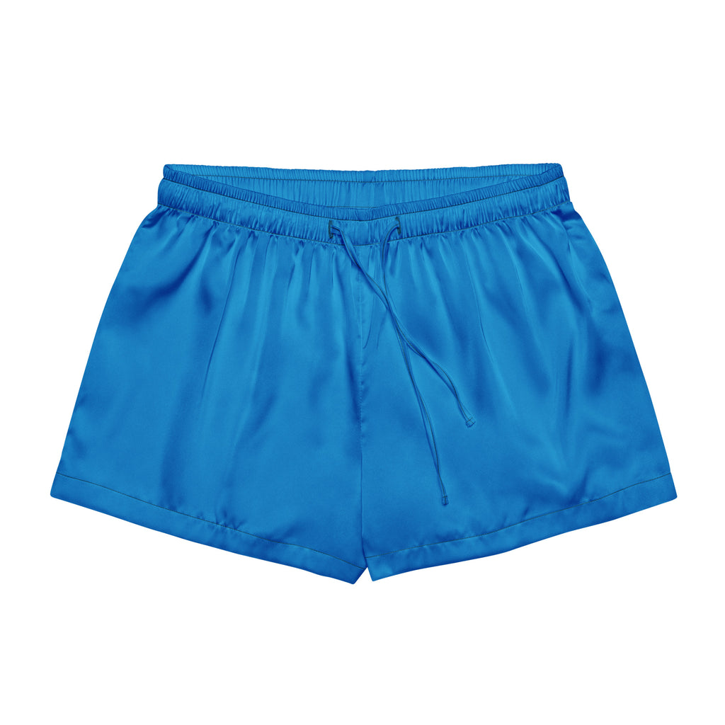 Women’s royal blue silky pajama shorts with elastic waistband and drawstring for lightweight relaxed fit lounging