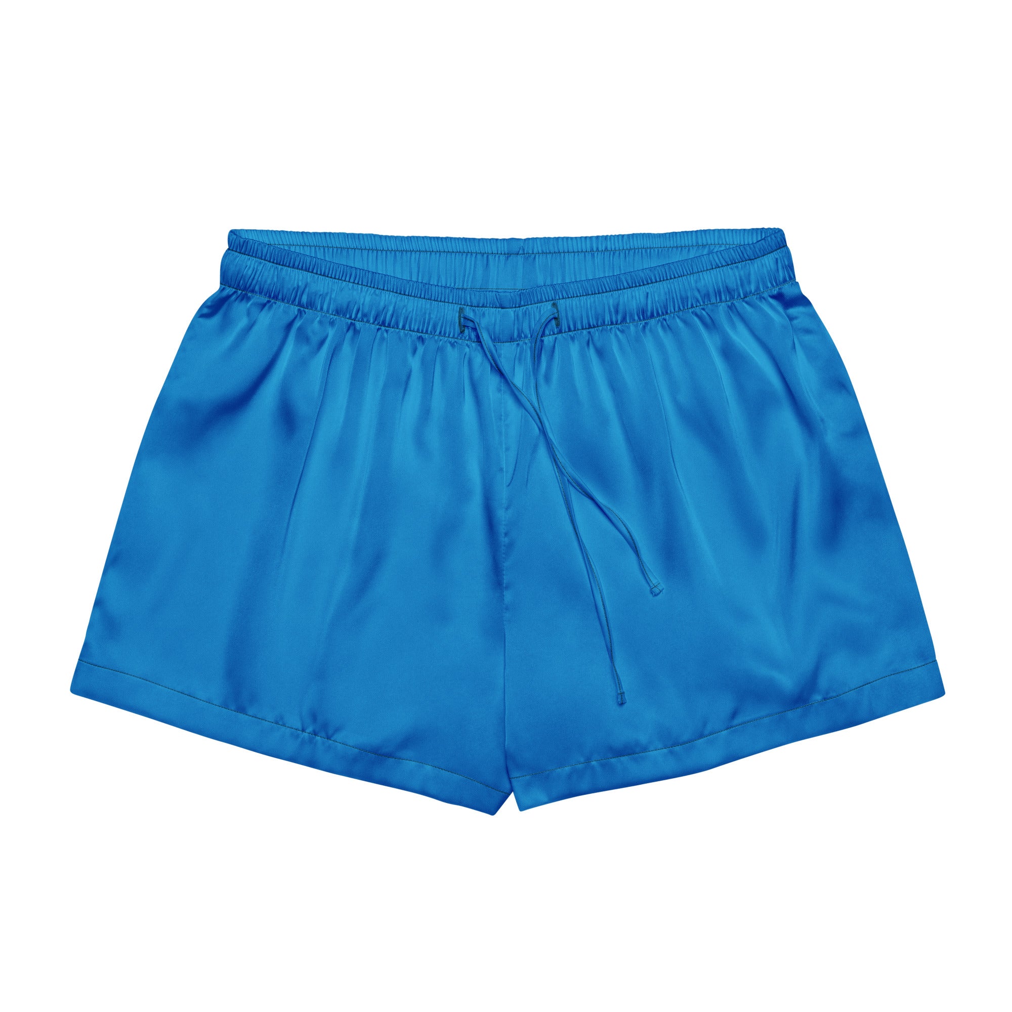 Women’s royal blue silky pajama shorts with elastic waistband and drawstring for lightweight relaxed fit lounging