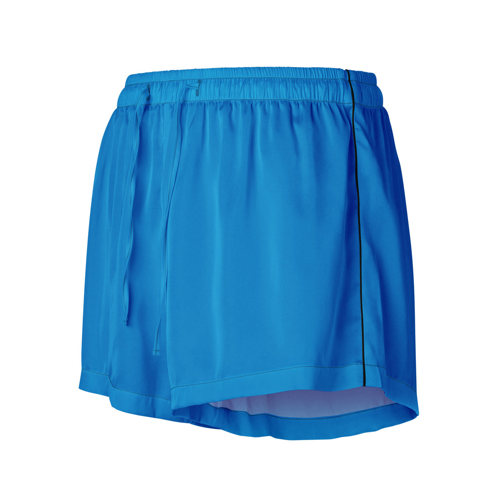 Women’s royal blue silky pajama shorts with black side stripe elastic waistband lightweight relaxed fit with drawstring waist