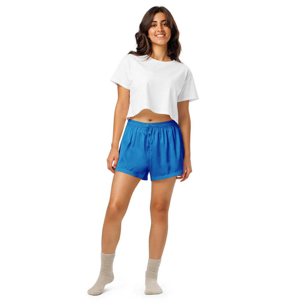 Women’s royal blue silky pajama shorts with bright blue satin fabric and a drawstring waistband for lightweight comfort