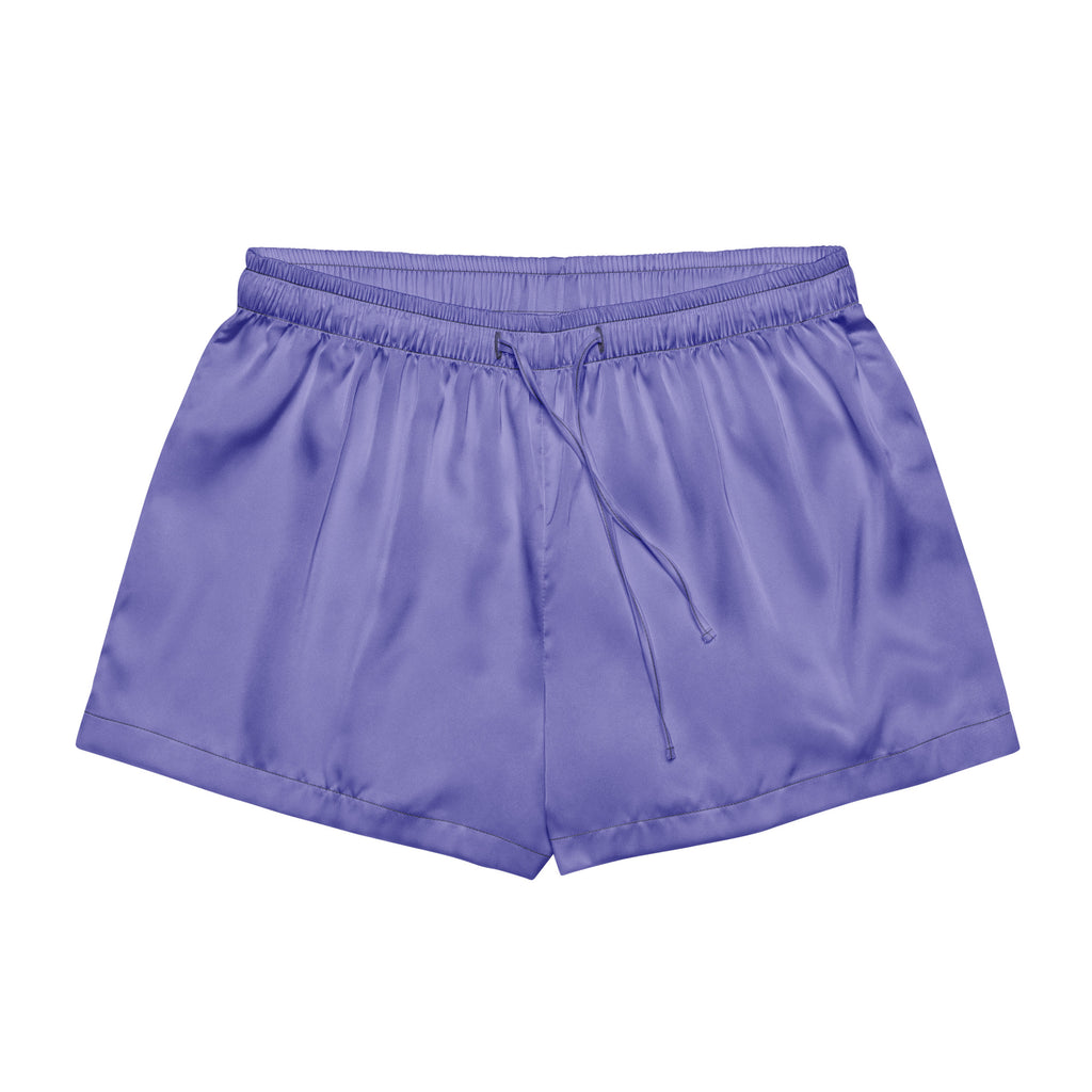 Women’s purple silky pajama shorts with elastic waistband and drawstring in lightweight relaxed satin fabric