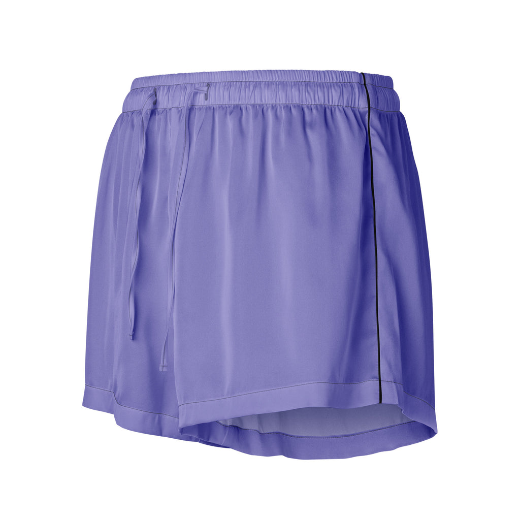 Women’s purple silky pajama shorts with black side stripe elastic waistband lightweight relaxed fit with drawstring waist