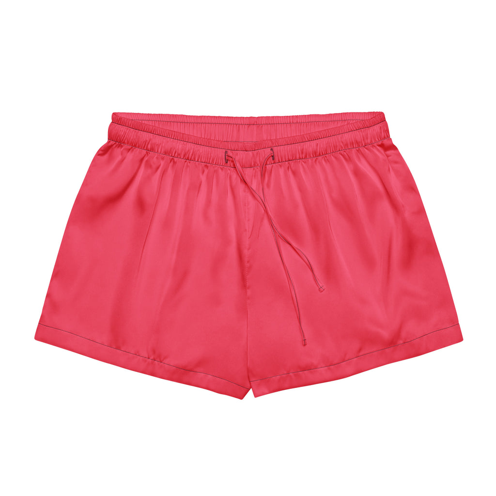 Women’s bright pink satin pajama shorts with elastic waistband and matching drawstring for lightweight comfort
