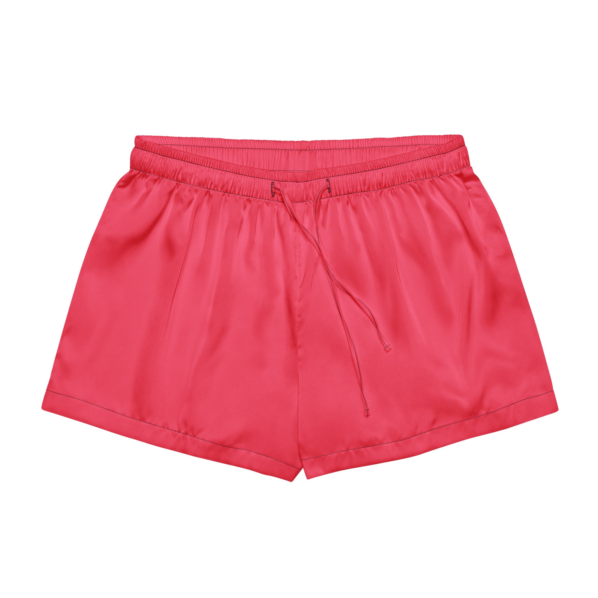 Women’s bright pink satin pajama shorts with elastic waistband and matching drawstring for lightweight comfort