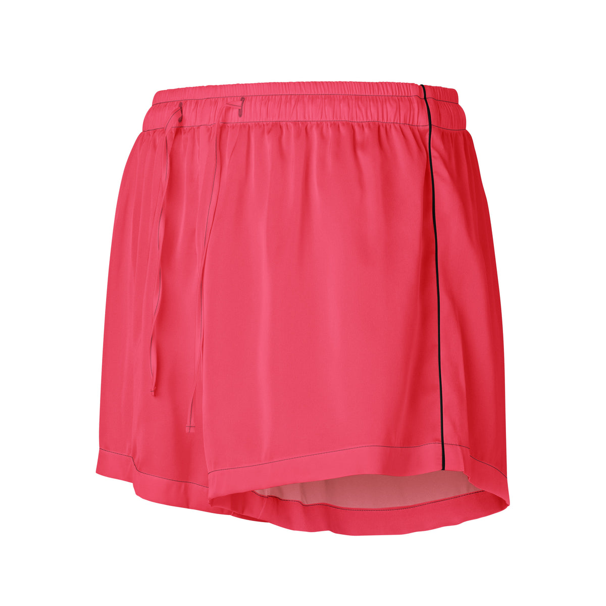 A vibrant coral pink silky pajama skirt with a black side stripe and elastic waistband for relaxed fit comfort