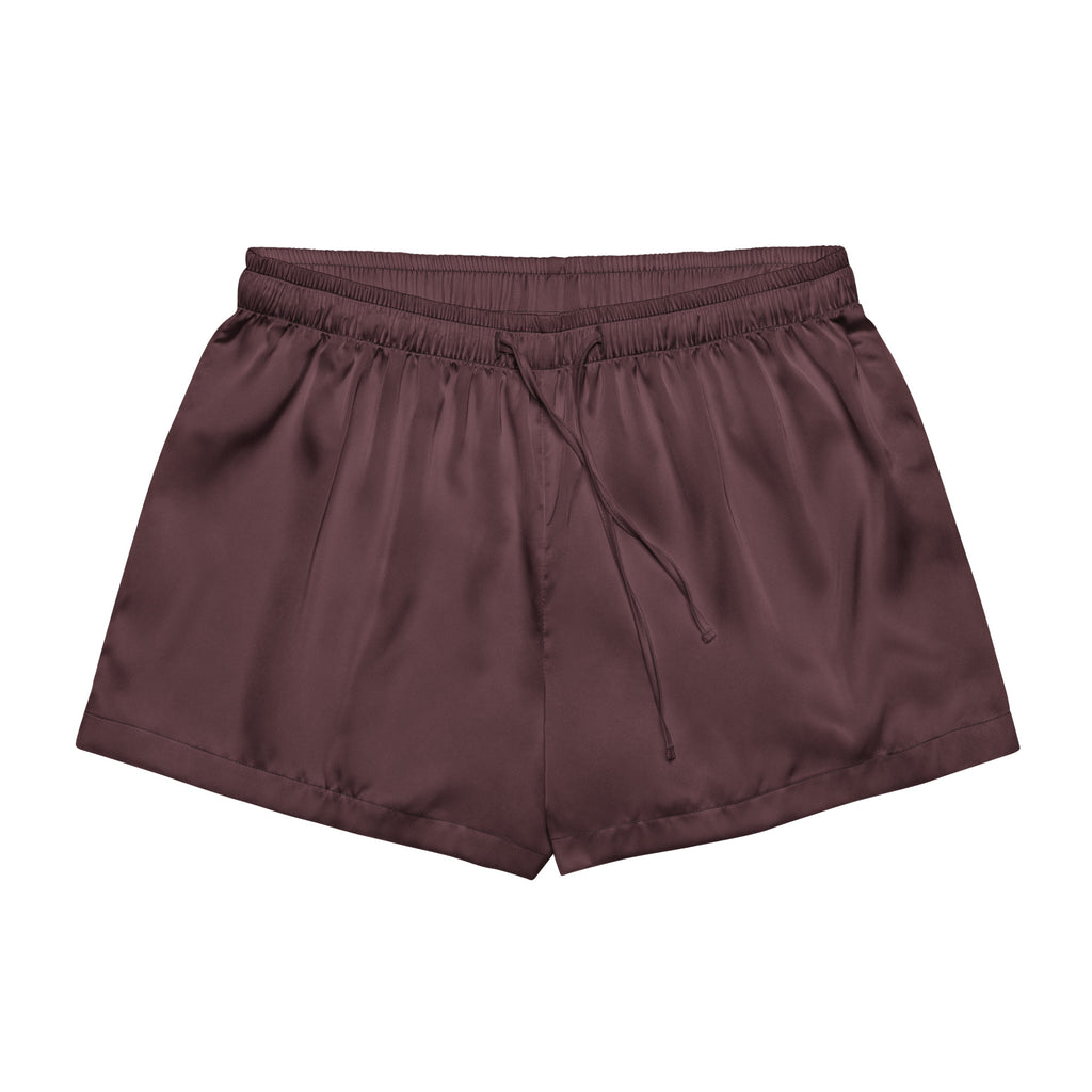 Women’s dark cab sav silky pajama shorts in brown satin with elastic waistband and drawstring for lightweight comfort