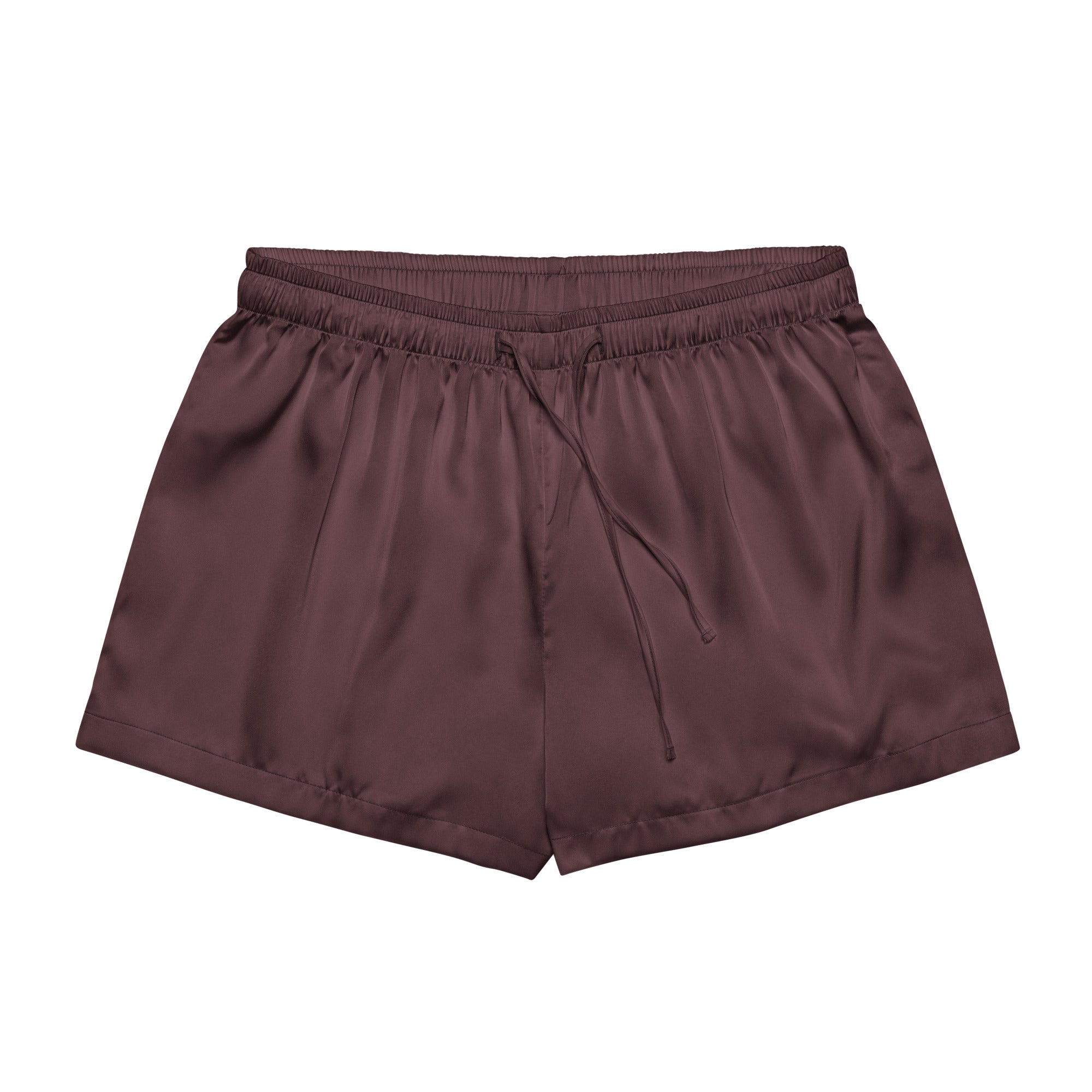 Women’s dark cab sav silky pajama shorts in brown satin with elastic waistband and drawstring for lightweight comfort
