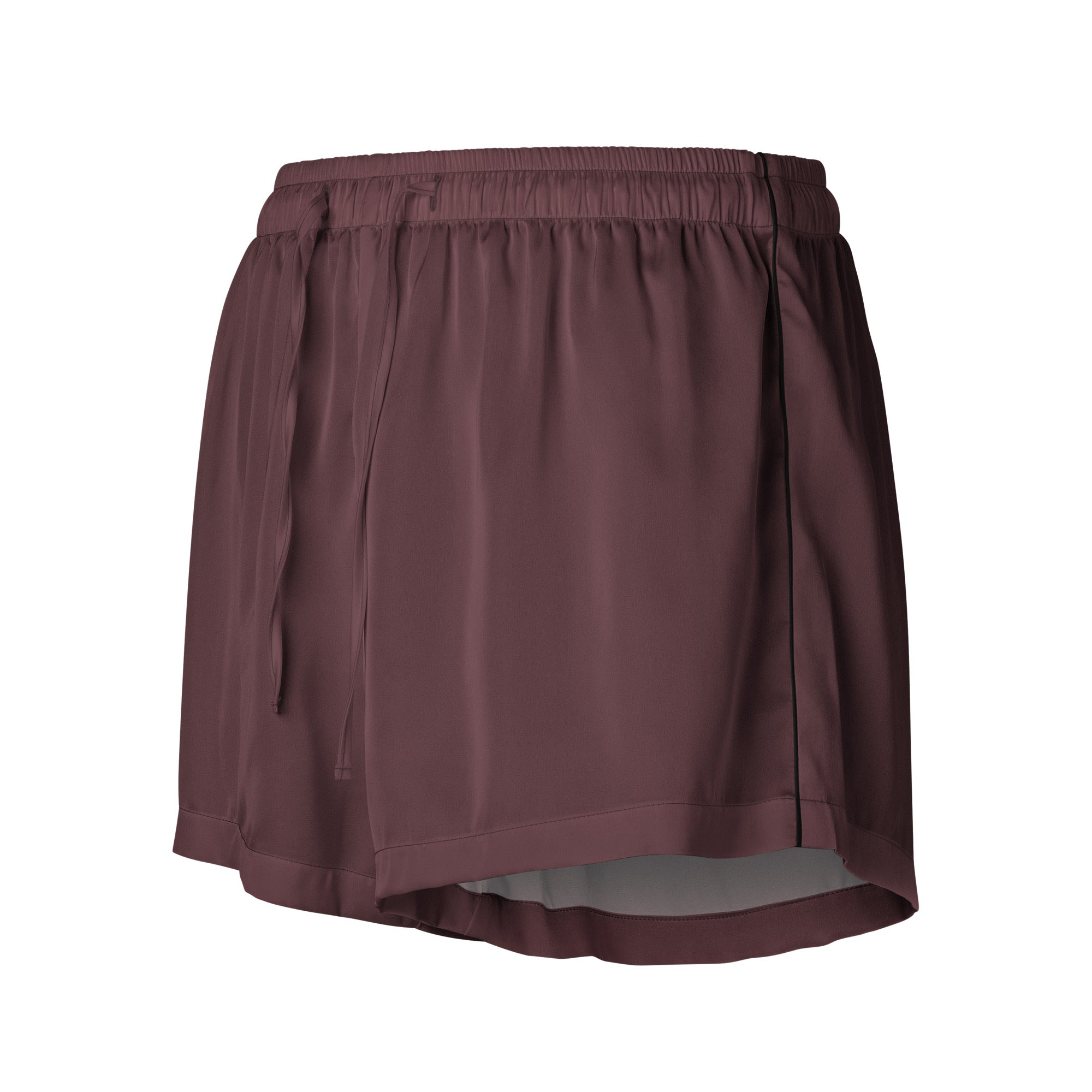 A sleek dark burgundy athletic skirt with elastic waistband and side slit in women’s silky lightweight pajama shorts