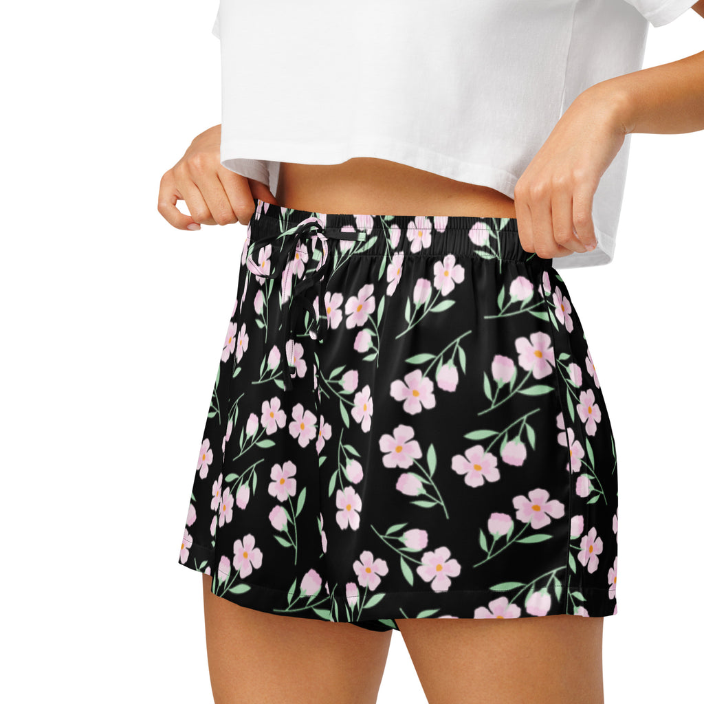 Women’s black floral silky pajama shorts with pink flowers green leaves lightweight relaxed fit and drawstring waist