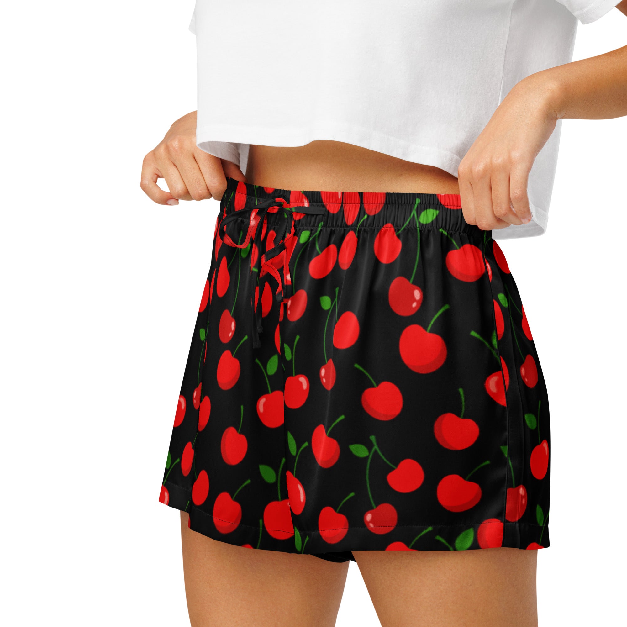 Women’s red cherry silky pajama shorts with vibrant cherry print lightweight relaxed fit and elastic drawstring waist