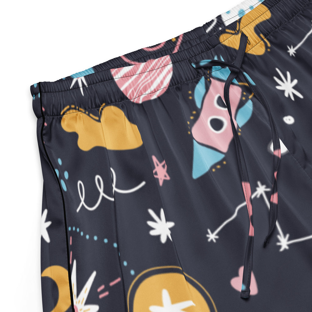 Dark navy silky pajama shorts for women with colorful space-themed pattern and lightweight relaxed fit with drawstring waist