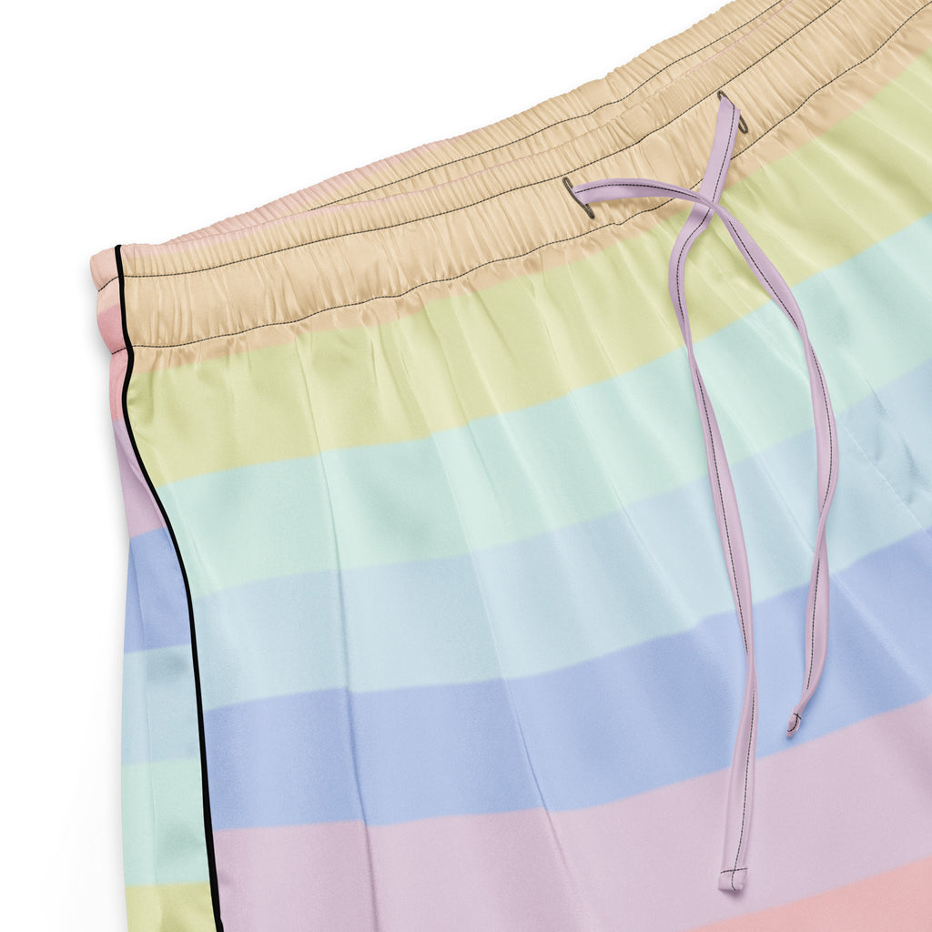 Women’s striped pastel rainbow silky pajama shorts with beige elastic waistband and lavender drawstring in lightweight fit