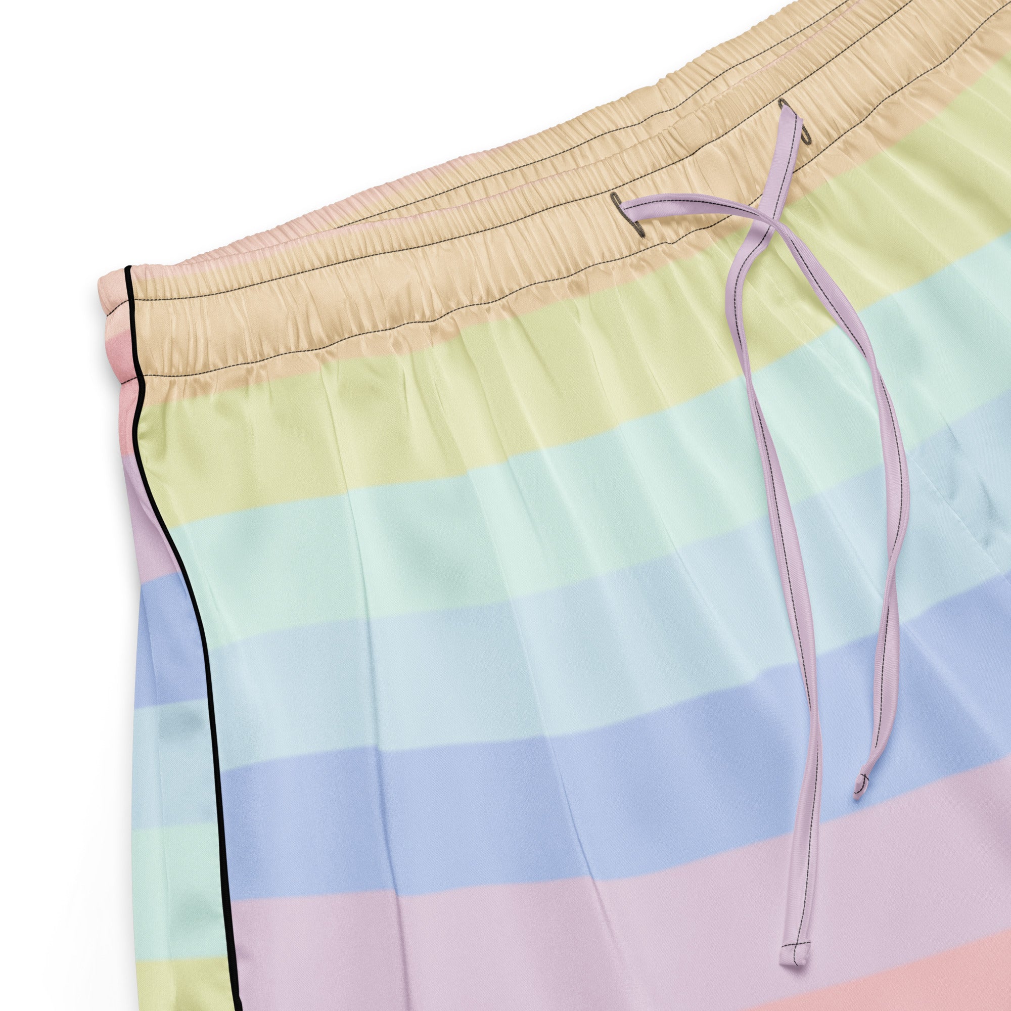 Women’s striped pastel rainbow silky pajama shorts with beige elastic waistband and lavender drawstring in lightweight fit