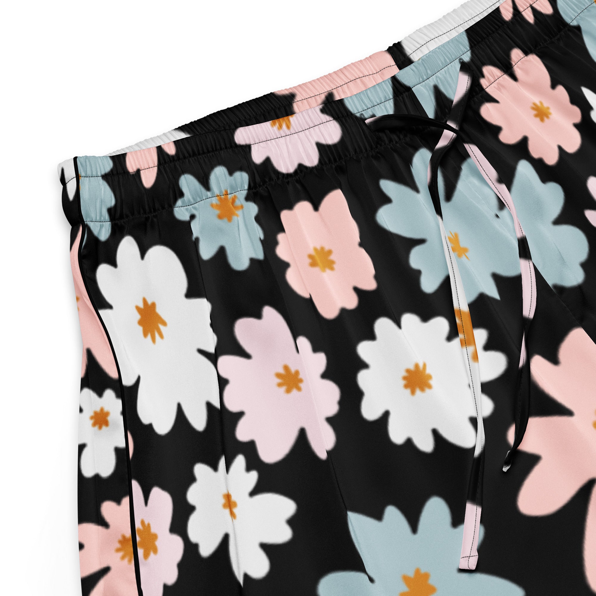 Women’s retro floral silky black pajama shorts with white pink blue blossoms and orange centers lightweight relaxed fit