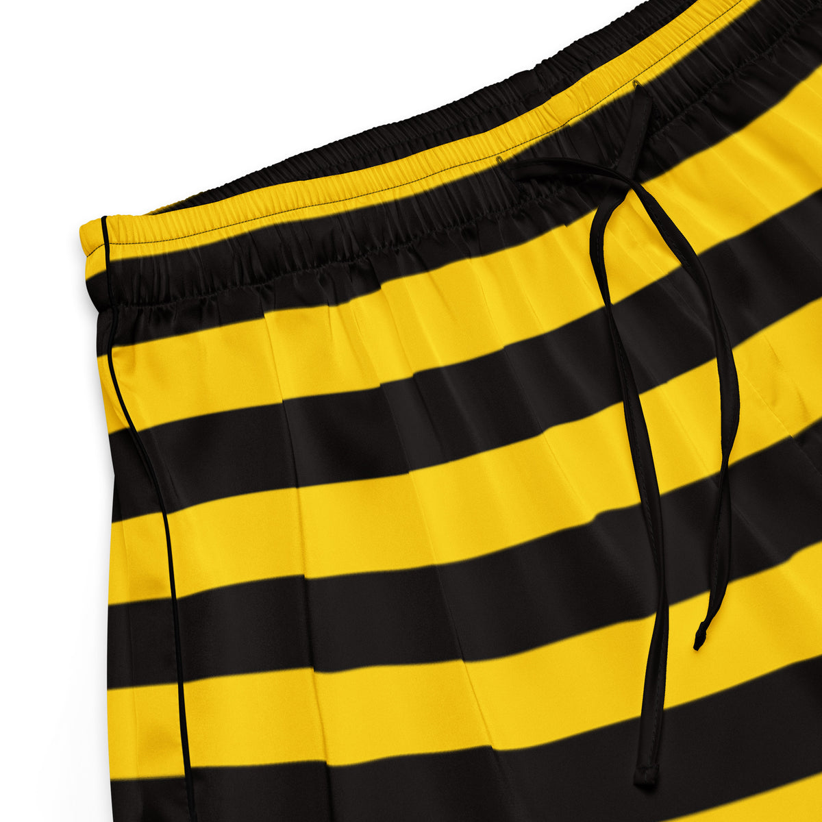 Women’s bumblebee striped silky pajama shorts in black and yellow with lightweight fabric and drawstring waist