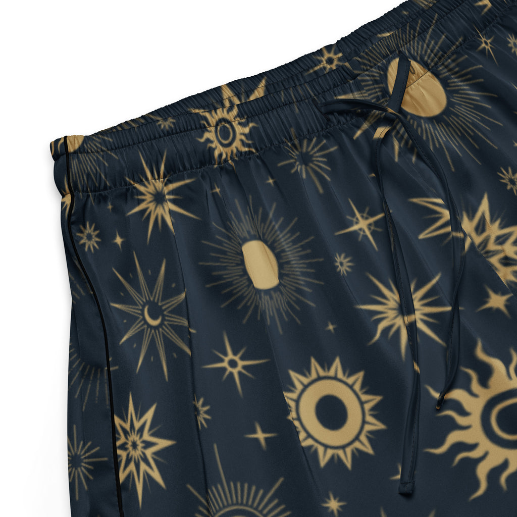 Women’s dark blue silky pajama shorts with gold celestial sun moon star pattern lightweight relaxed fit drawstring waist