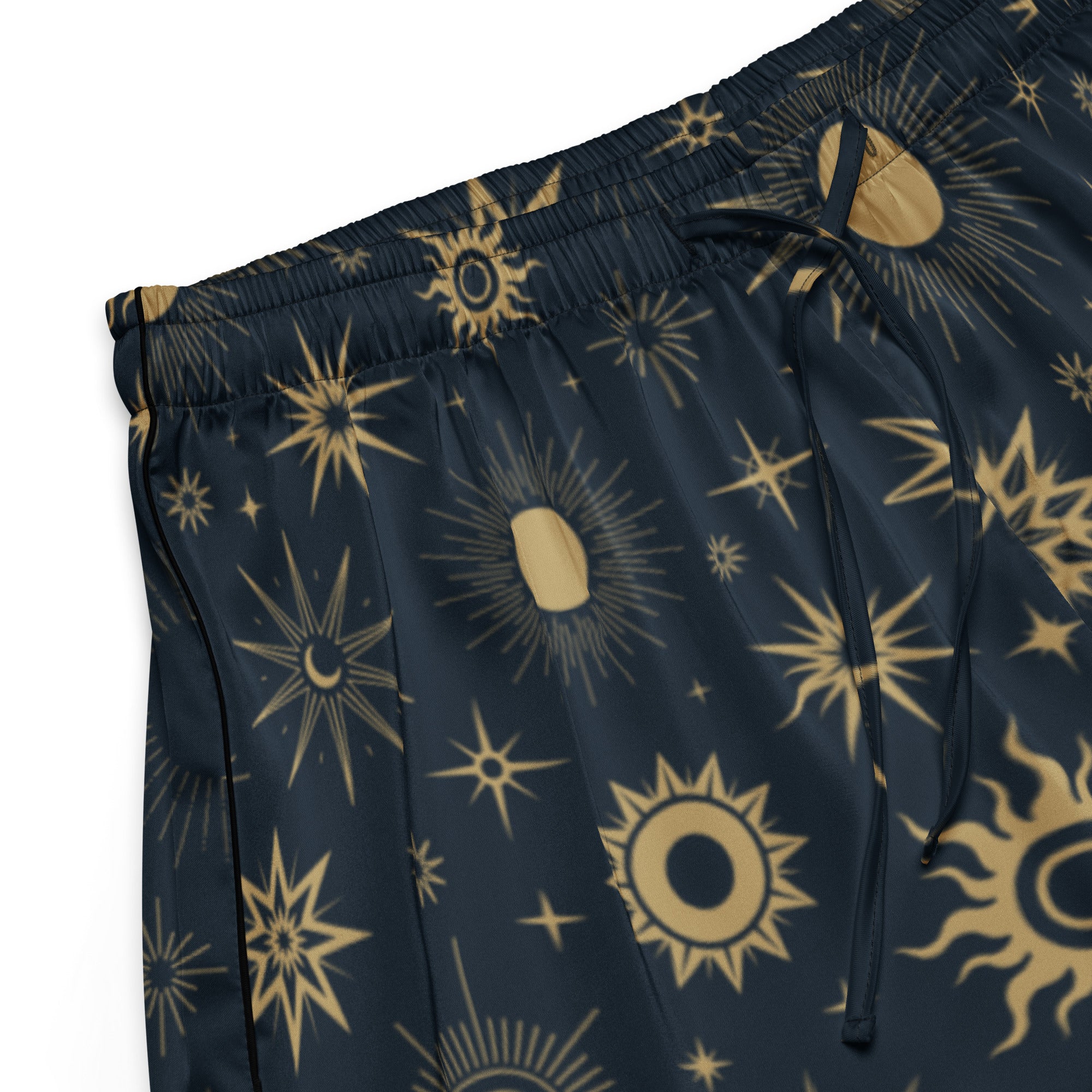 Women’s dark blue silky pajama shorts with gold celestial sun moon star pattern lightweight relaxed fit drawstring waist