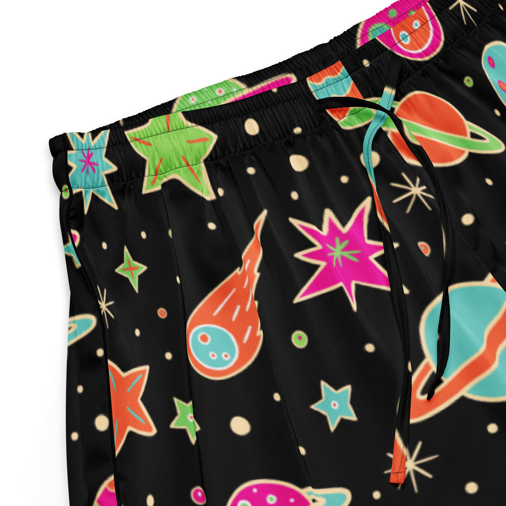 Women’s retro neon space silky pajama shorts in black with vibrant stars planets and comets pattern lightweight relaxed fit