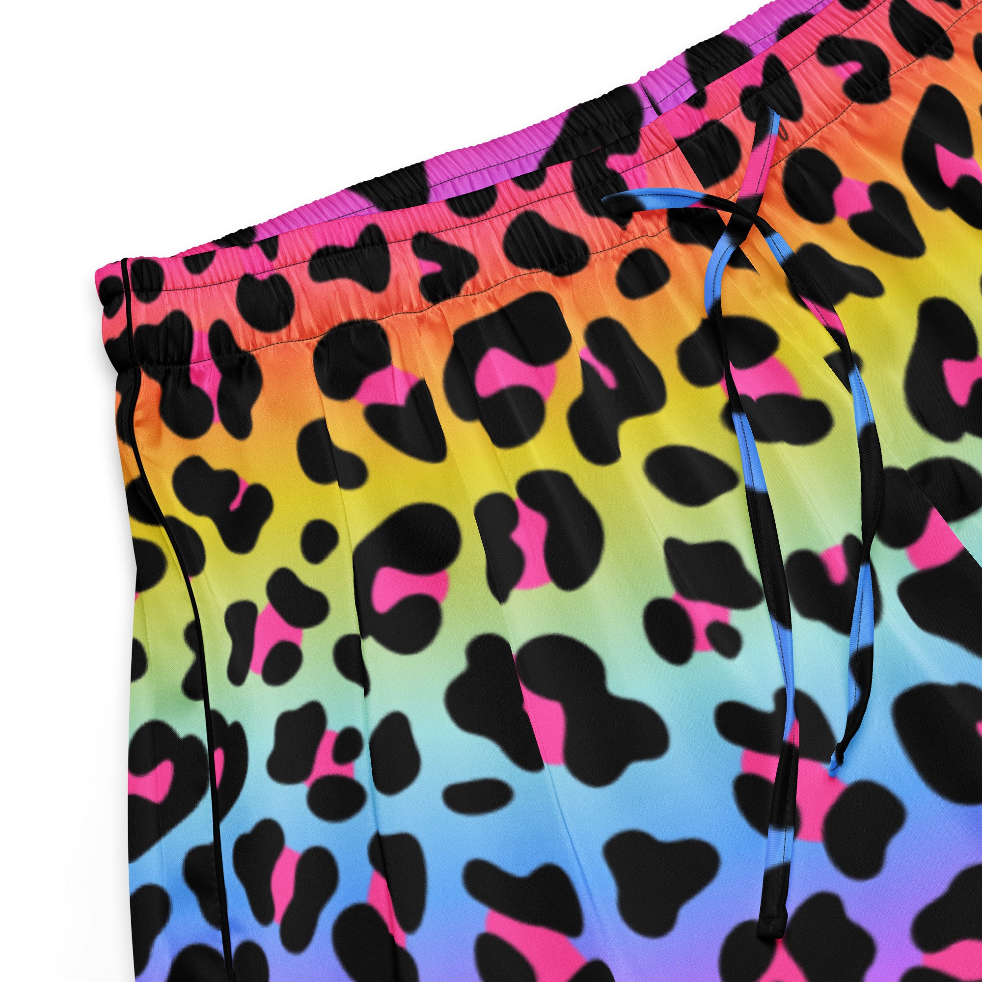 Women’s rainbow leopard silky pajama shorts in pink yellow and blue hues with lightweight relaxed fit and drawstring waist