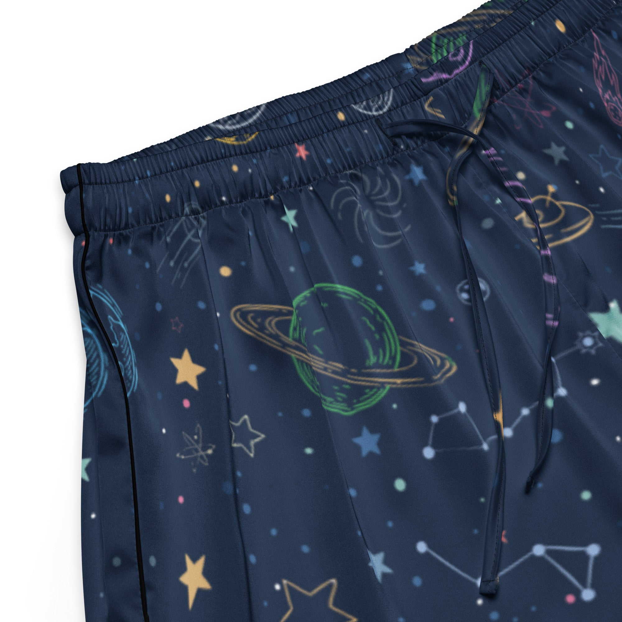 Women’s dark blue silky pajama shorts with colorful neon space print planets stars and constellations lightweight fit