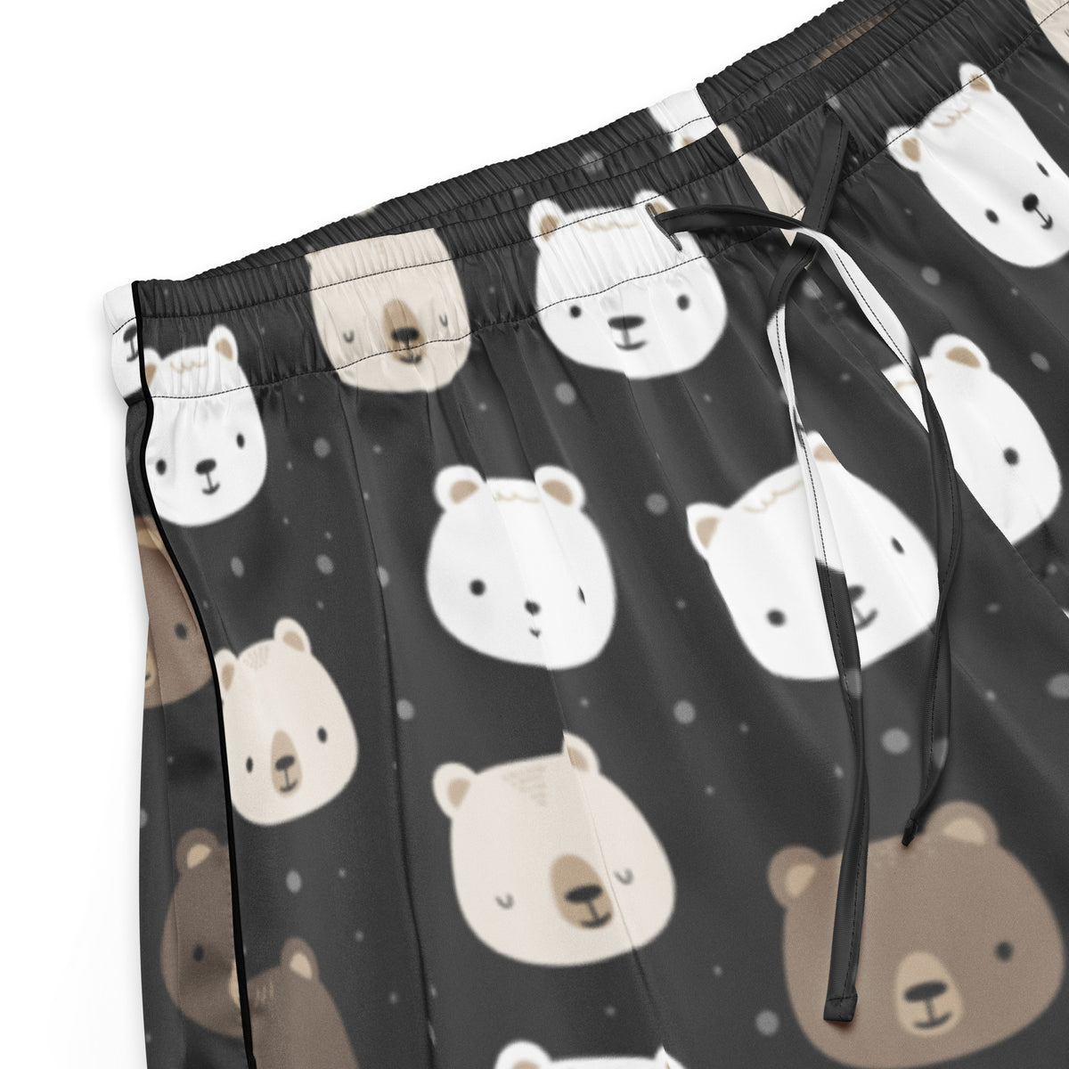 Women’s black silky pajama shorts with playful white and beige bear face pattern lightweight relaxed fit with drawstring waist