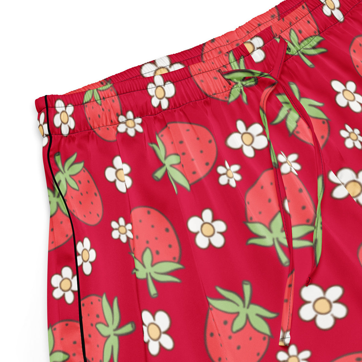 Women’s lightweight relaxed fit red silky pajama shorts with strawberry daisy pattern and black side seam piping