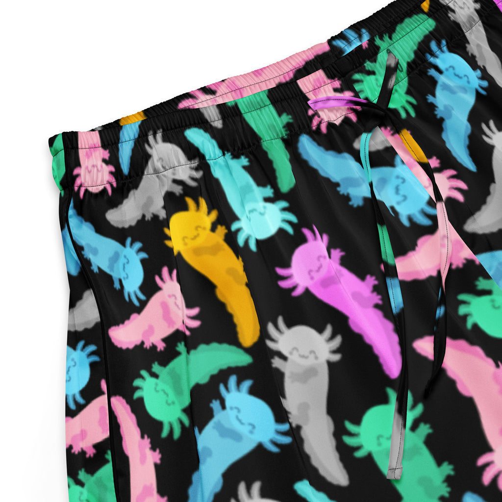 Women’s black silky pajama shorts with vibrant colorful axolotl print lightweight relaxed fit with drawstring waist