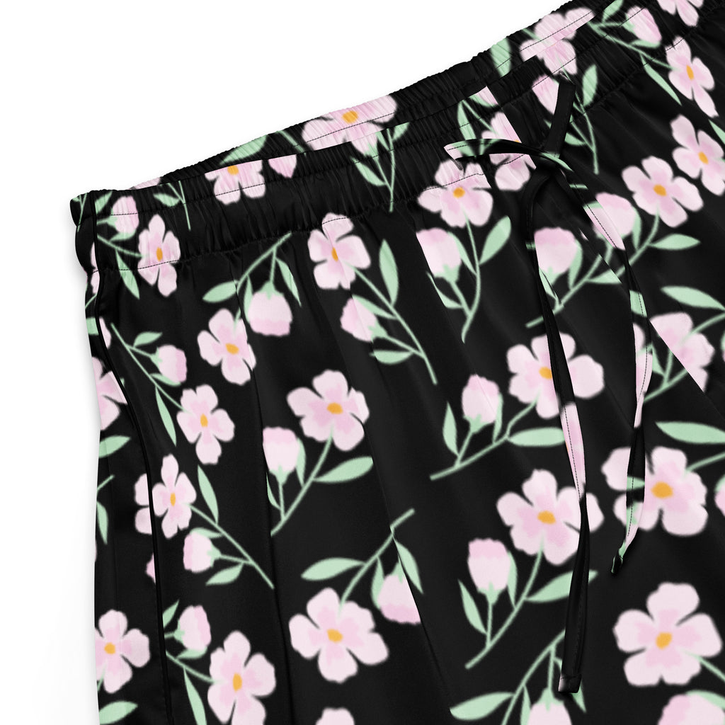 Women’s black silky pajama shorts with delicate pink floral pattern and light green stems lightweight relaxed fit