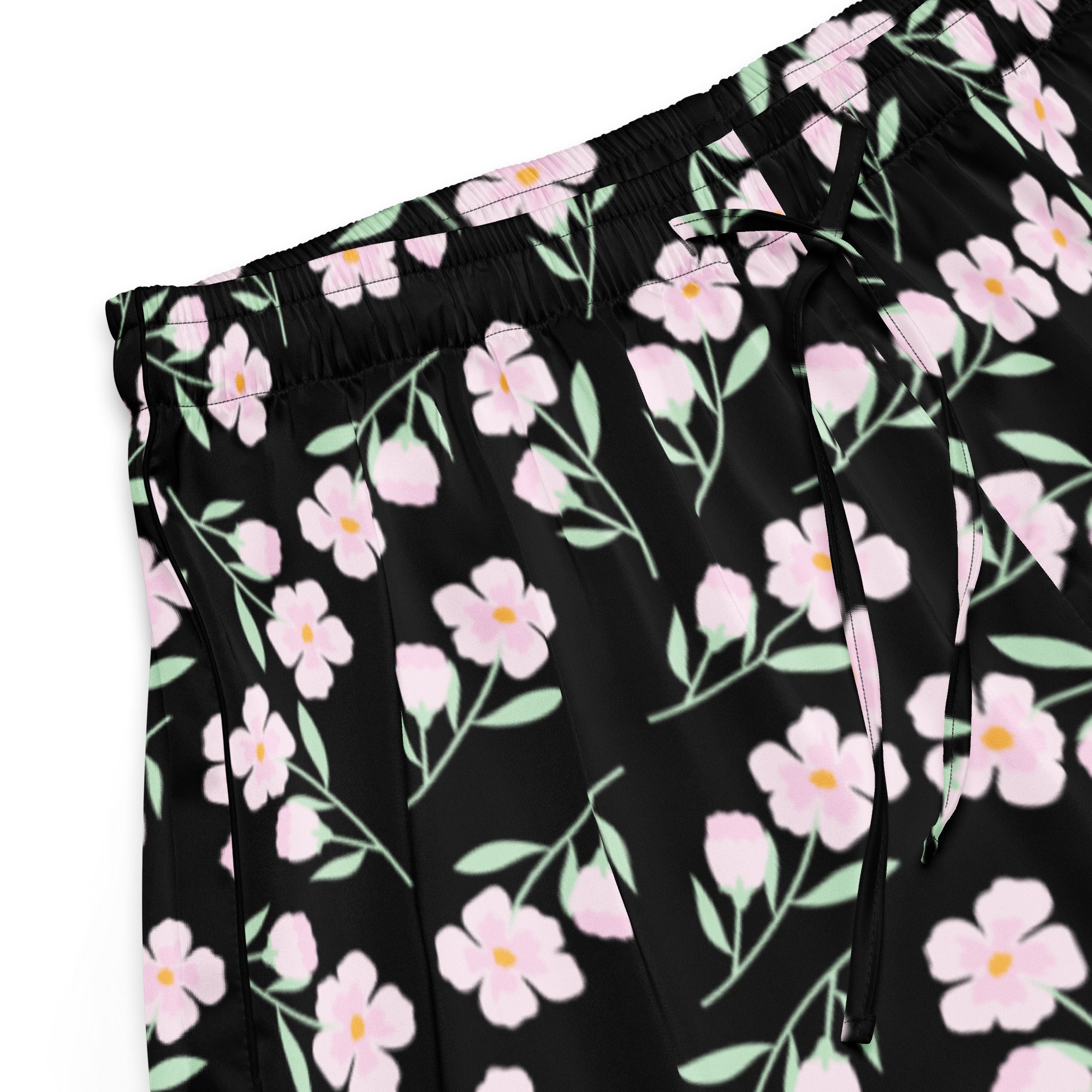 Women’s black silky pajama shorts with delicate pink floral pattern and light green stems lightweight relaxed fit