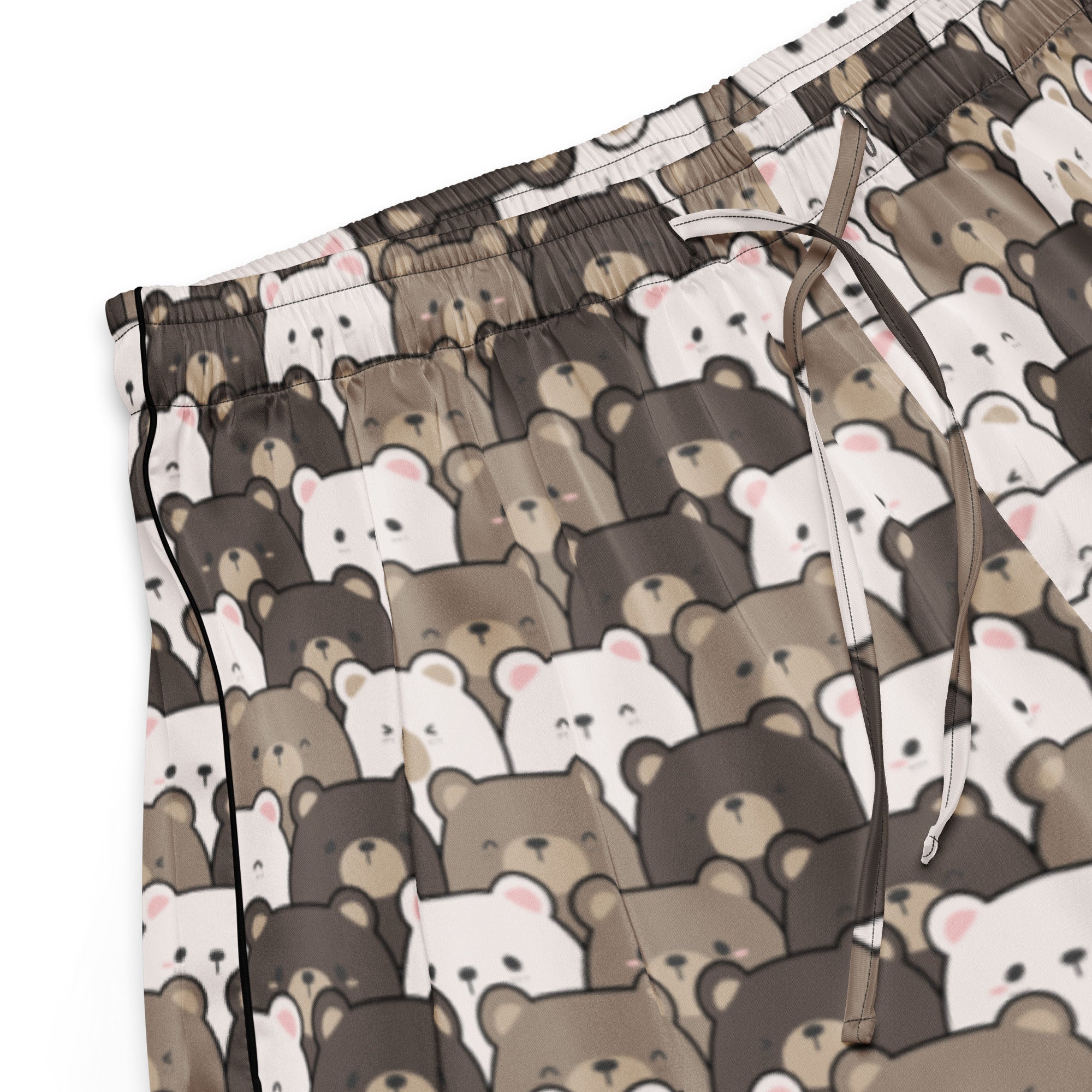 Women’s lightweight cotton pajama pants with playful brown and white cartoon bear pattern and relaxed fit drawstring waist
