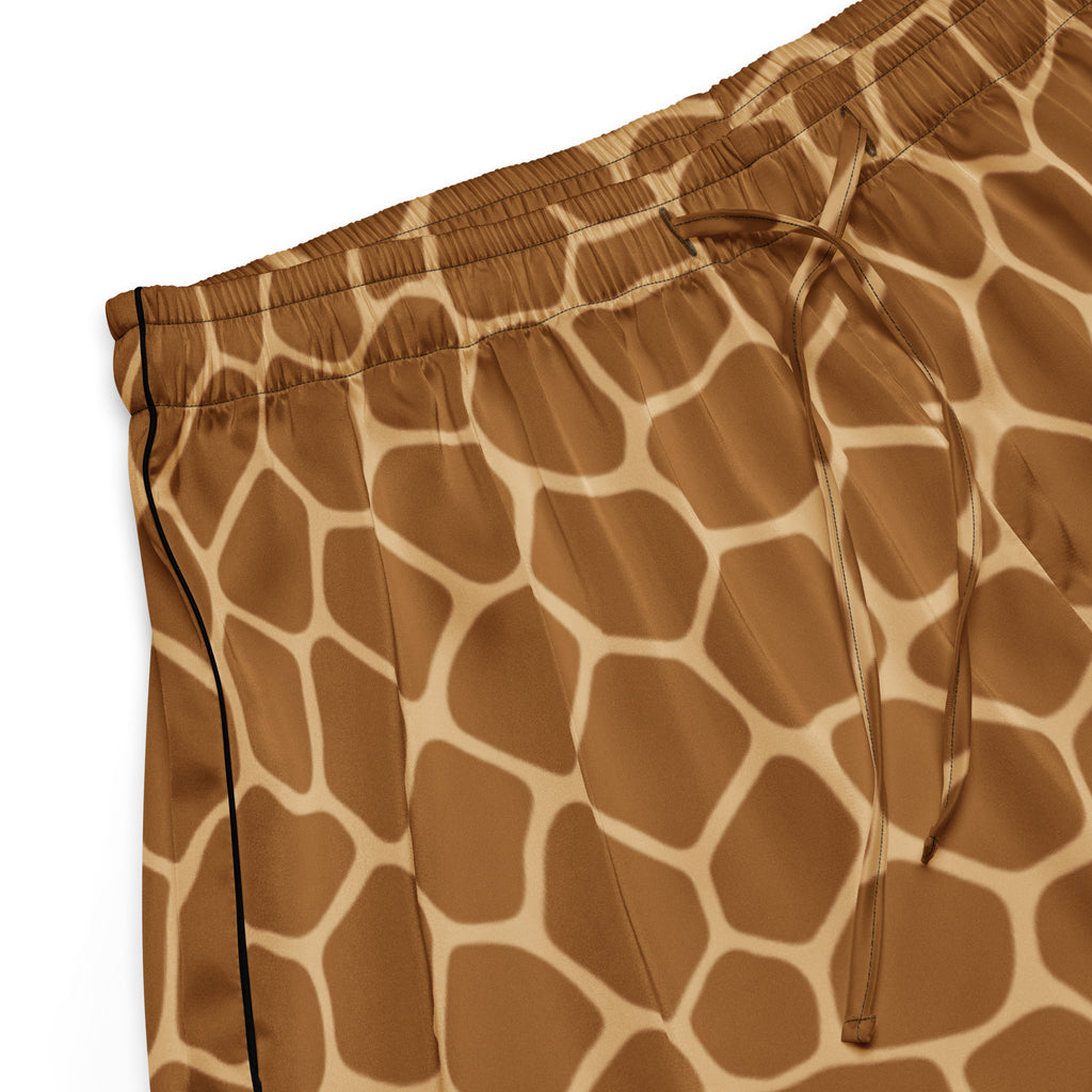 Women’s giraffe print silky pajama shorts with brown and cream print and black trim for lightweight relaxed fit wear