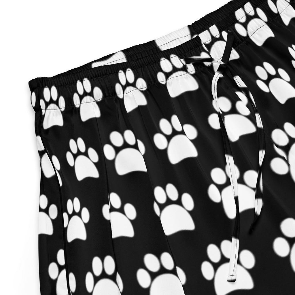 Women’s black silky pajama shorts with white paw print pattern, elastic waistband, lightweight relaxed fit for comfort