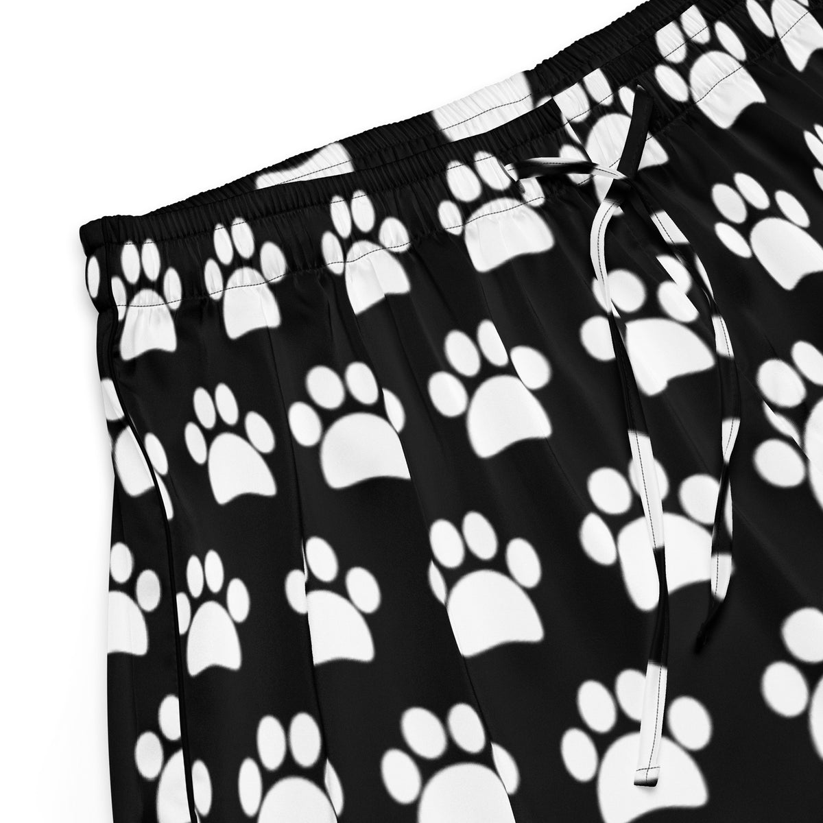 Women’s black silky pajama shorts with white paw print pattern, elastic waistband, lightweight relaxed fit for comfort