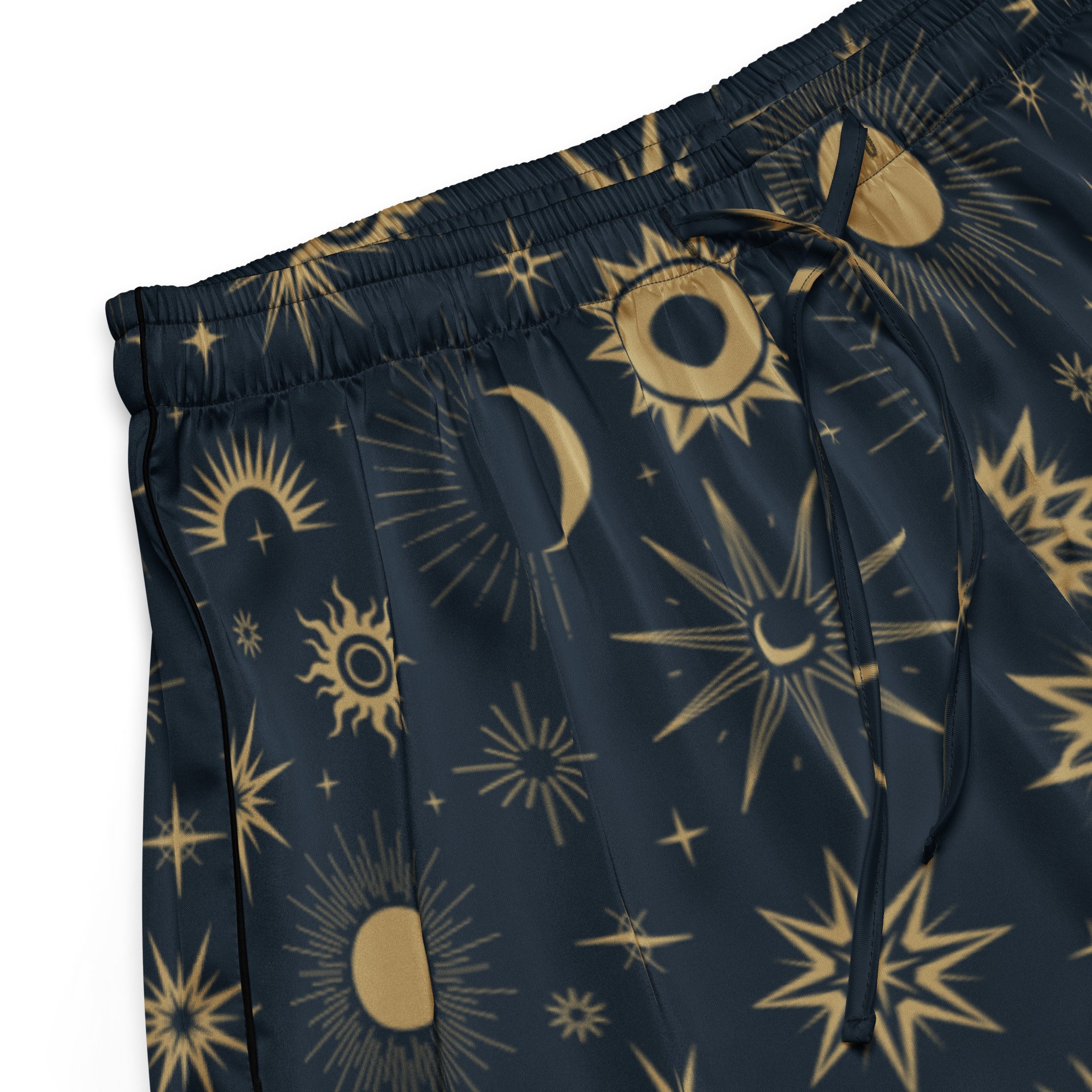 Dark blue silky pajama shorts with celestial gold suns moons and stars pattern lightweight relaxed fit women’s sleepwear