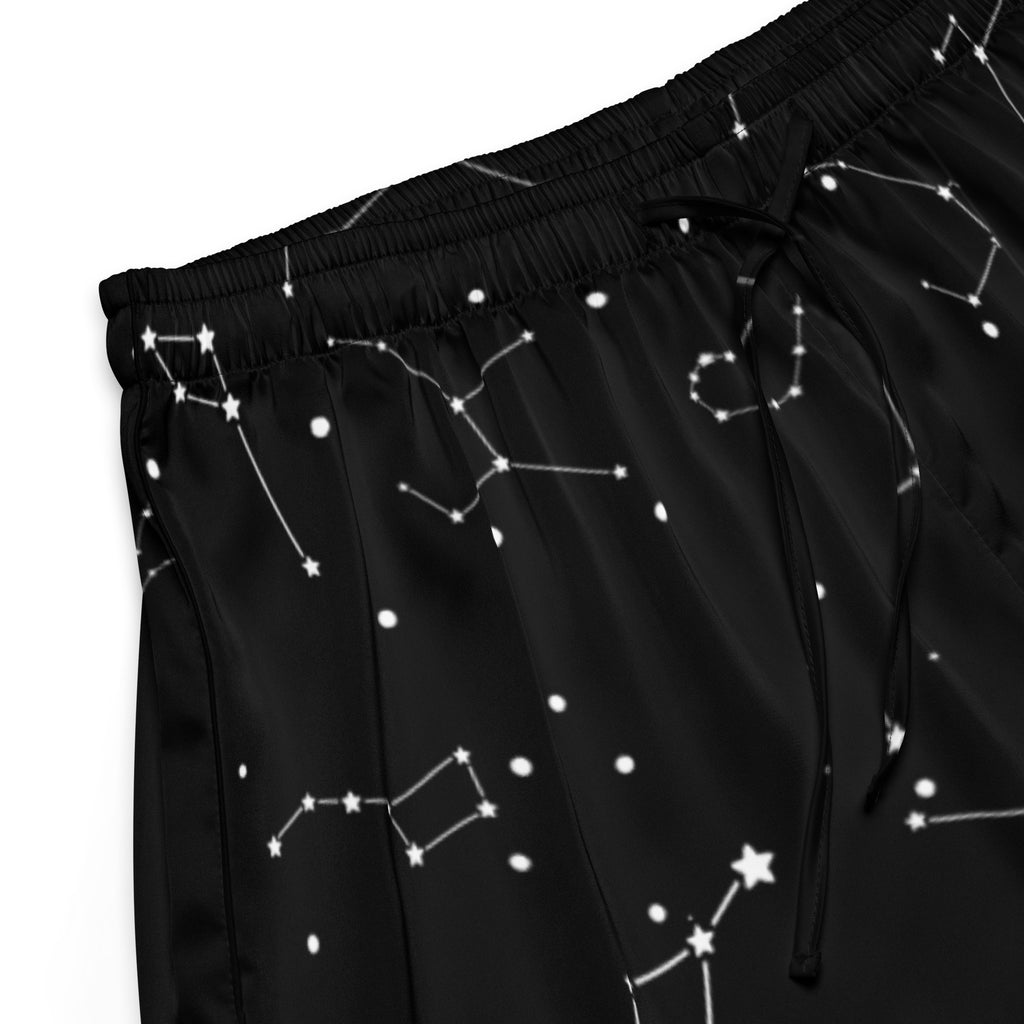 Women’s black satin pajama pants with white realistic constellation pattern lightweight relaxed fit with drawstring waist