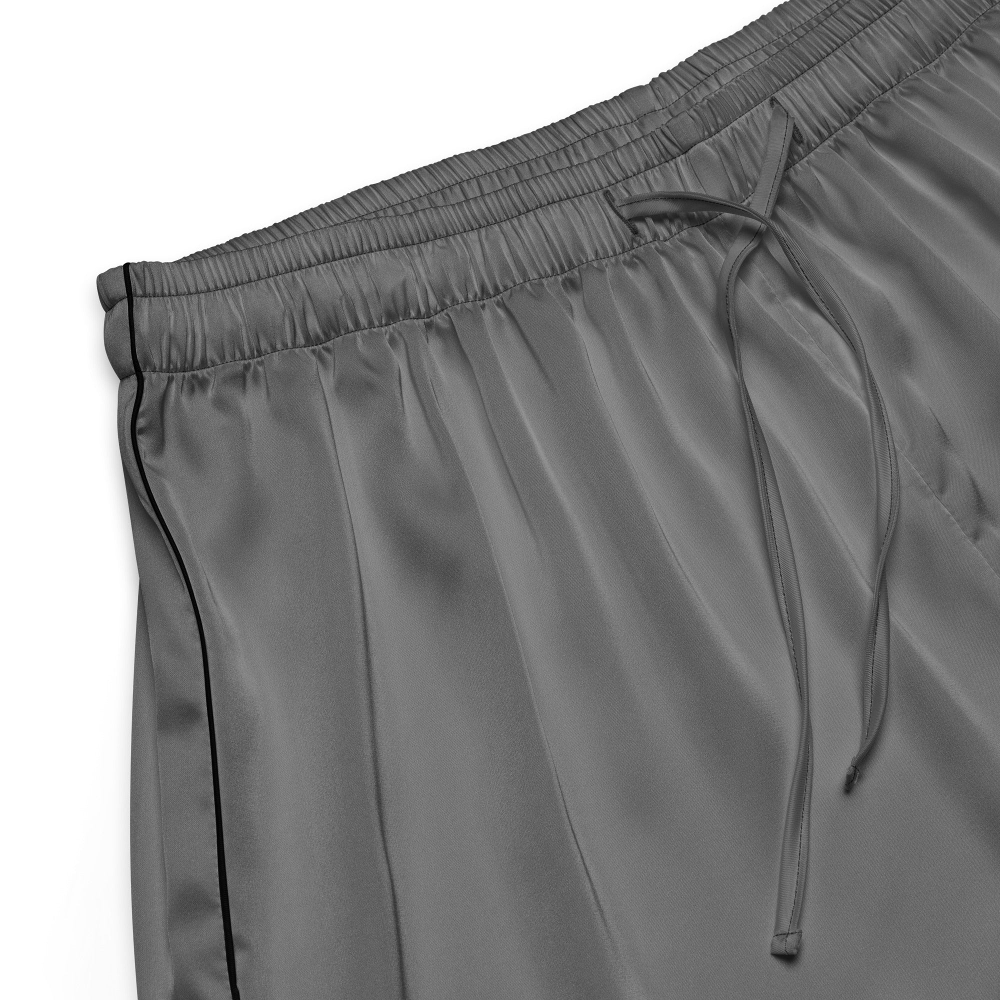Women’s gray silky pajama shorts with black piping in lightweight satin fabric and drawstring waistband for relaxed fit