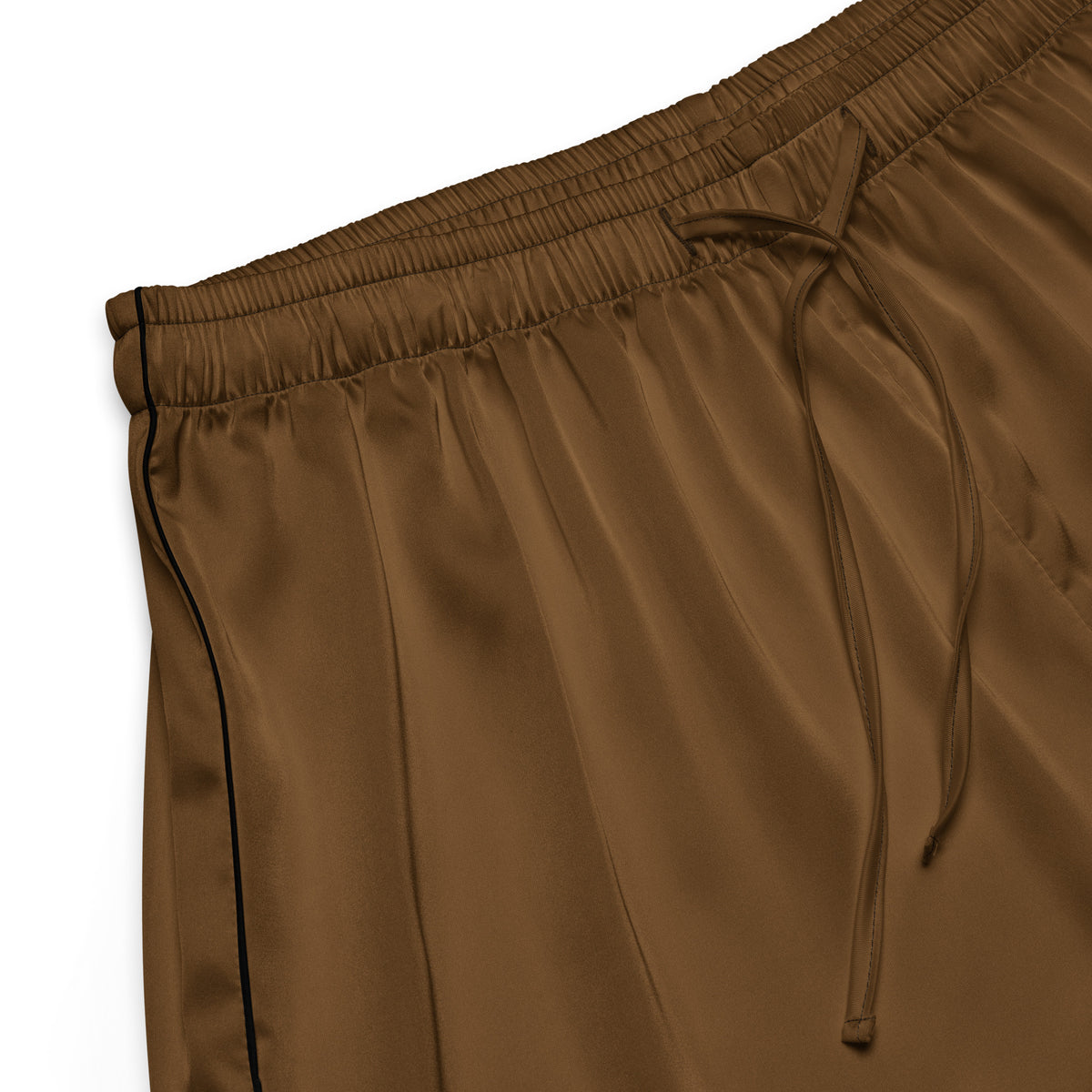 Women’s brown silky pajama shorts with lightweight relaxed fit and matching drawstring waistband with black piping