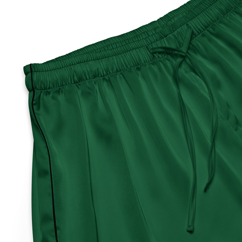 Women’s dark green silky pajama shorts with lightweight relaxed fit and matching drawstring waistband and black piping