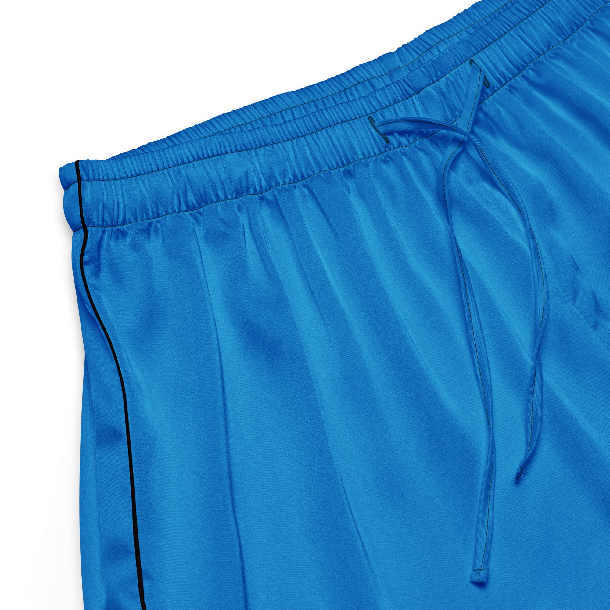 Women’s royal blue silky pajama shorts with black side trim and drawstring waist in lightweight relaxed fit
