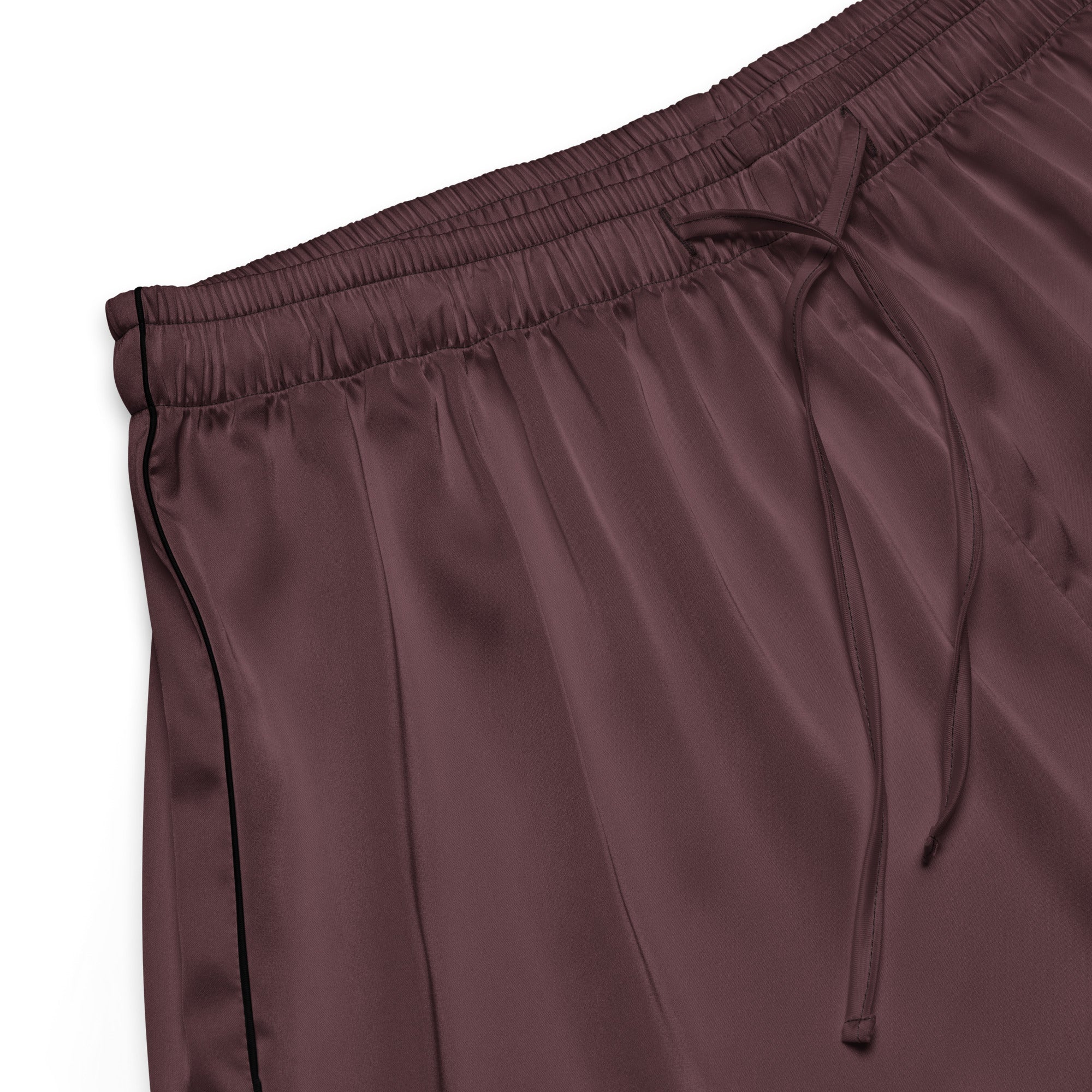 Women’s silky brown satin pajama pants with black trim and drawstring waistband for lightweight relaxed fit
