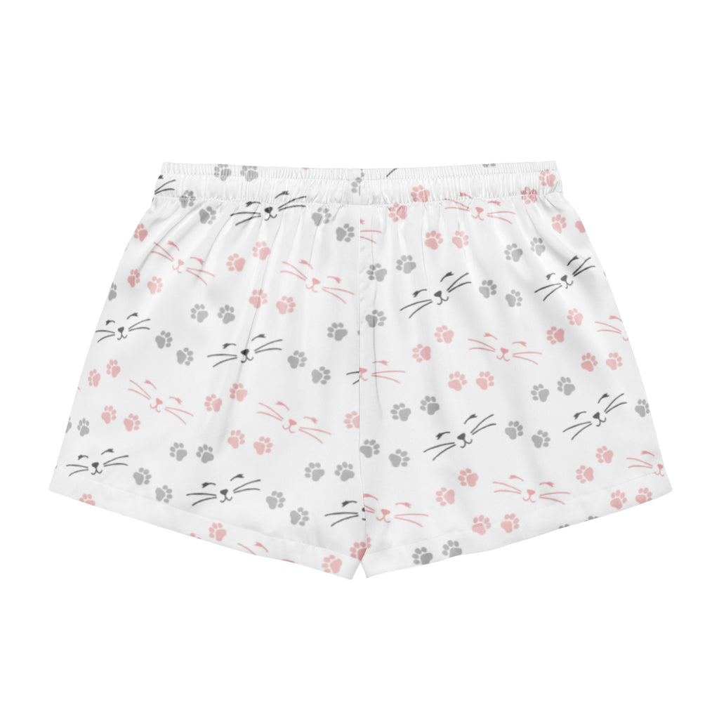 Women’s silky white boxer shorts with pink and gray cat faces and paw prints lightweight relaxed fit with drawstring waist
