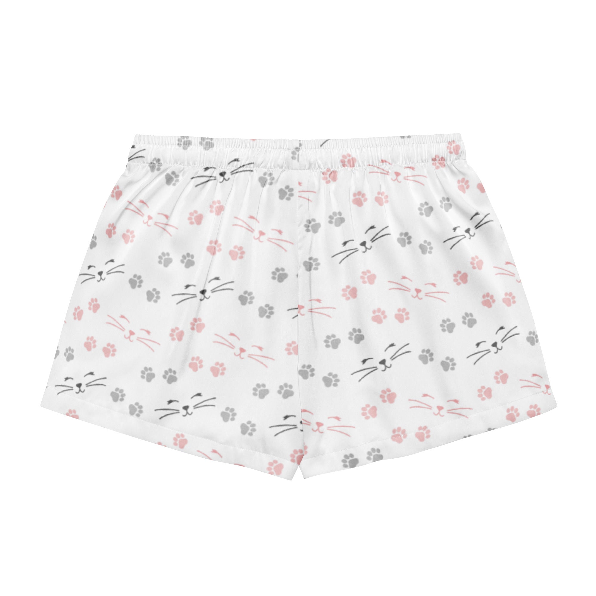 Women’s silky white boxer shorts with pink and gray cat faces and paw prints lightweight relaxed fit with drawstring waist