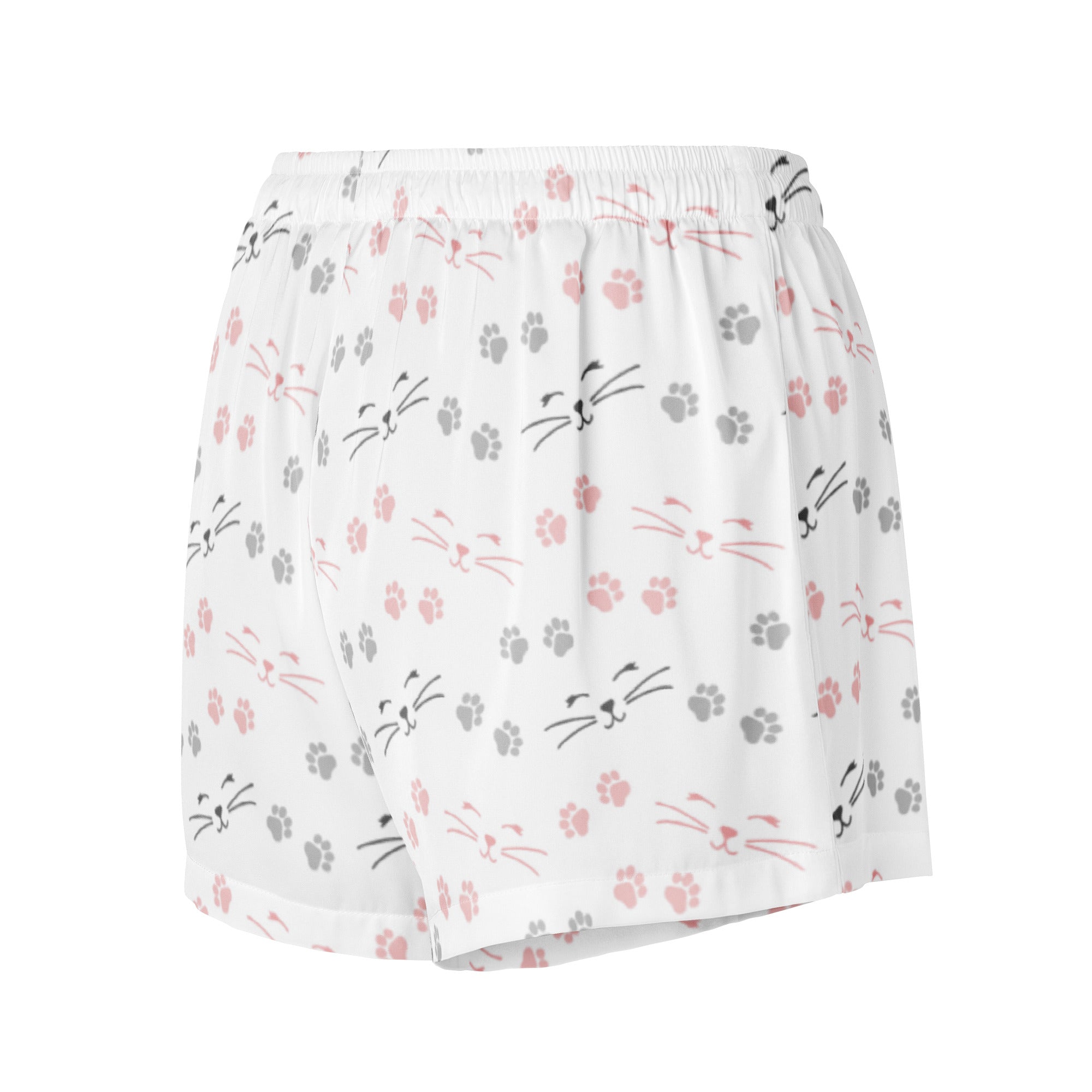 Women’s lightweight silky white pajama shorts with pink and gray cat face and paw print pattern and drawstring waist