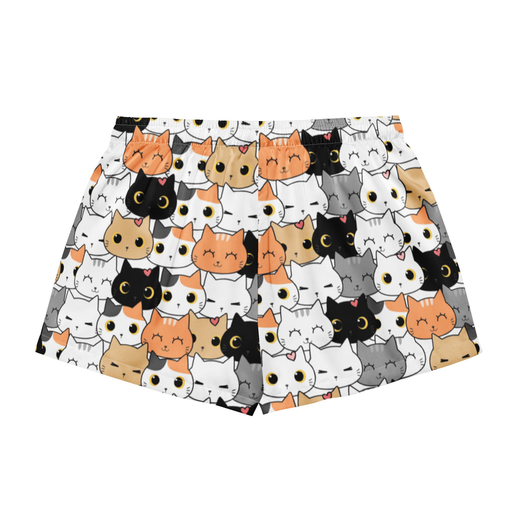 White women’s silky pajama shorts with playful black orange gray cat faces and pink hearts lightweight relaxed fit