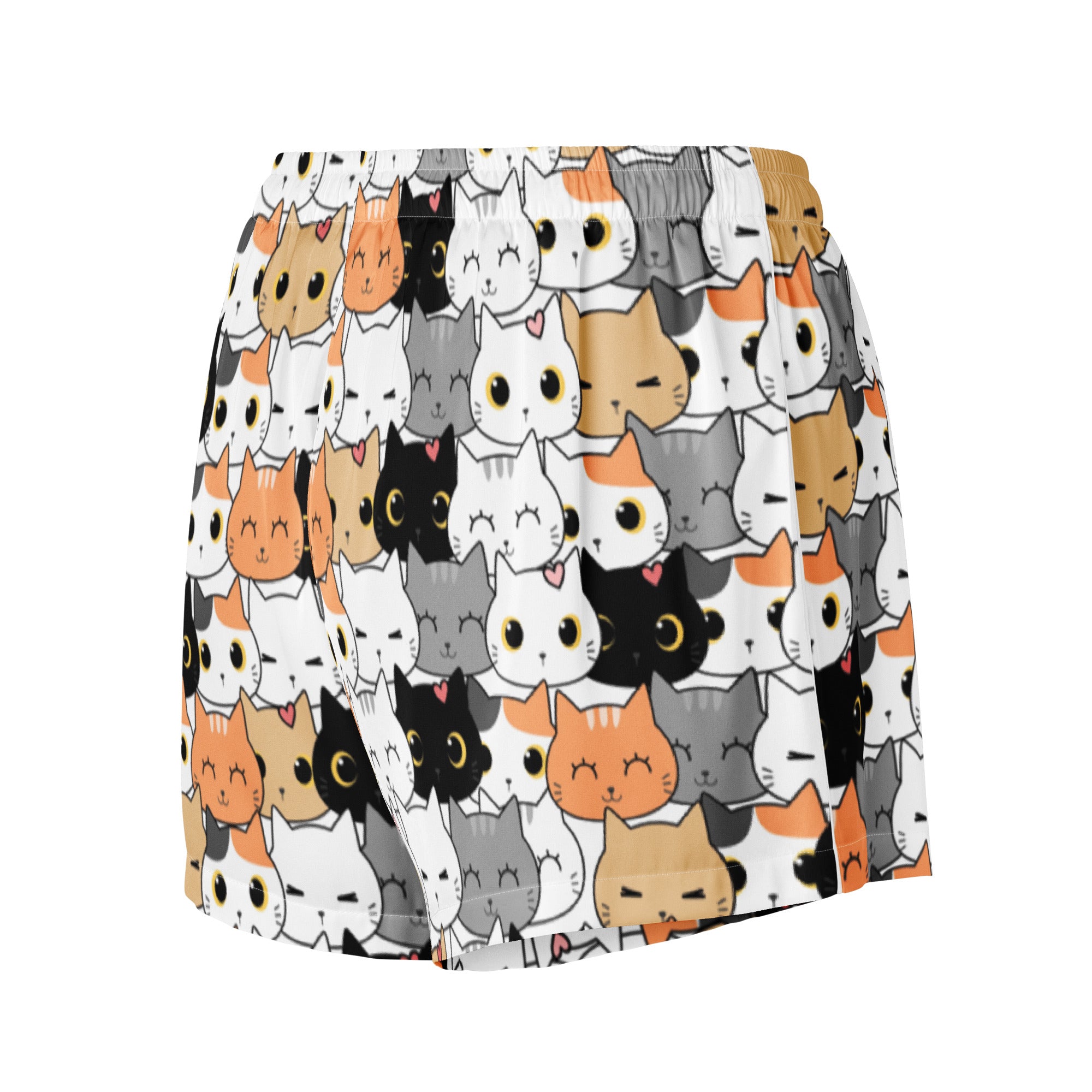 Women’s cat face silky pajama shorts in white black gray and orange with lightweight relaxed fit and drawstring waist