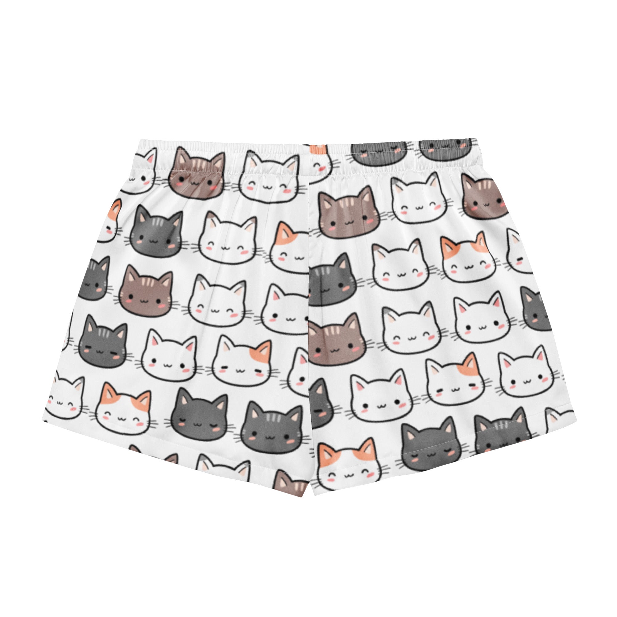 Women’s white silky pajama shorts with playful multicolor cartoon cat pattern lightweight relaxed fit drawstring waist