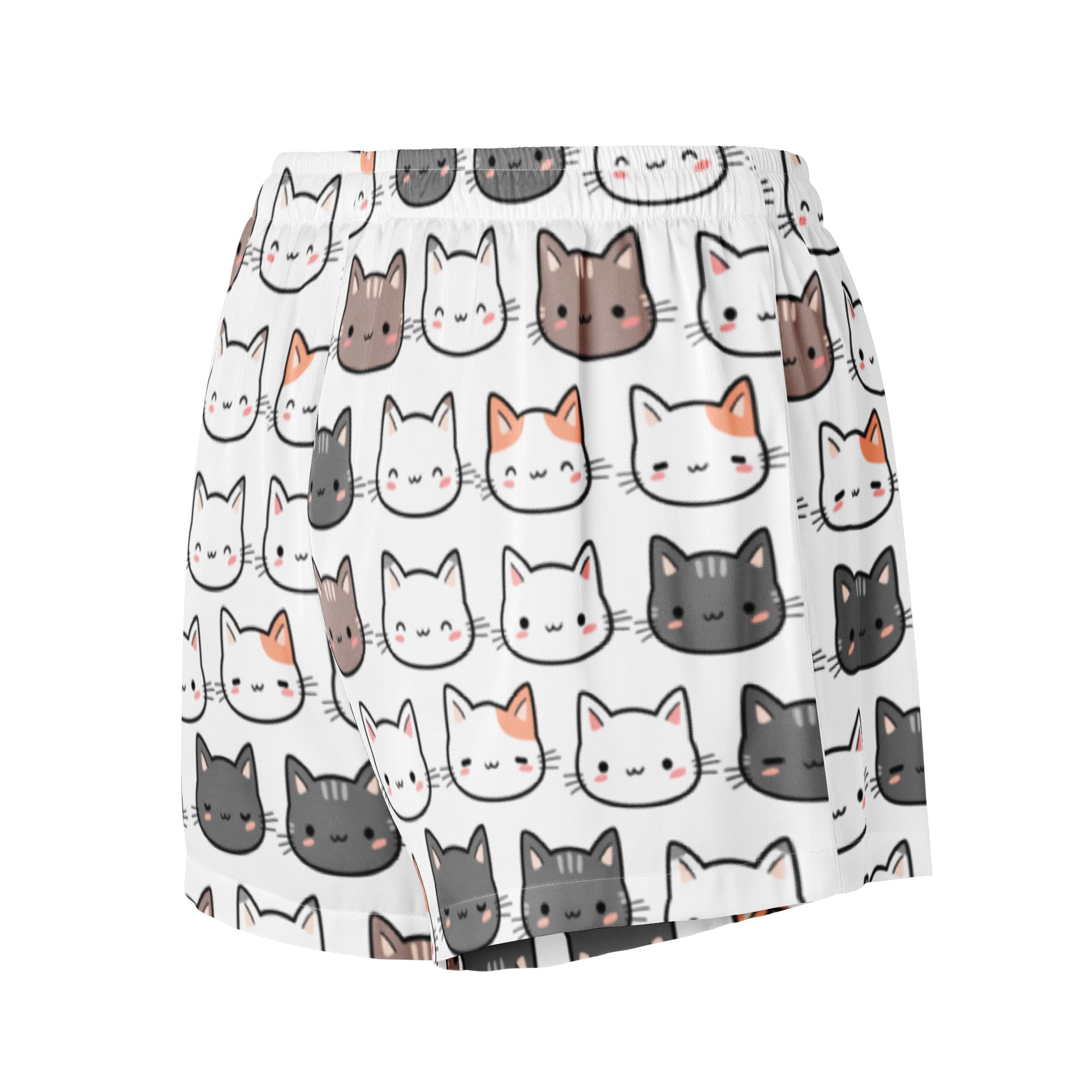 Women’s lightweight silky white pajama shorts with playful multicolor cartoon cat pattern and drawstring waist