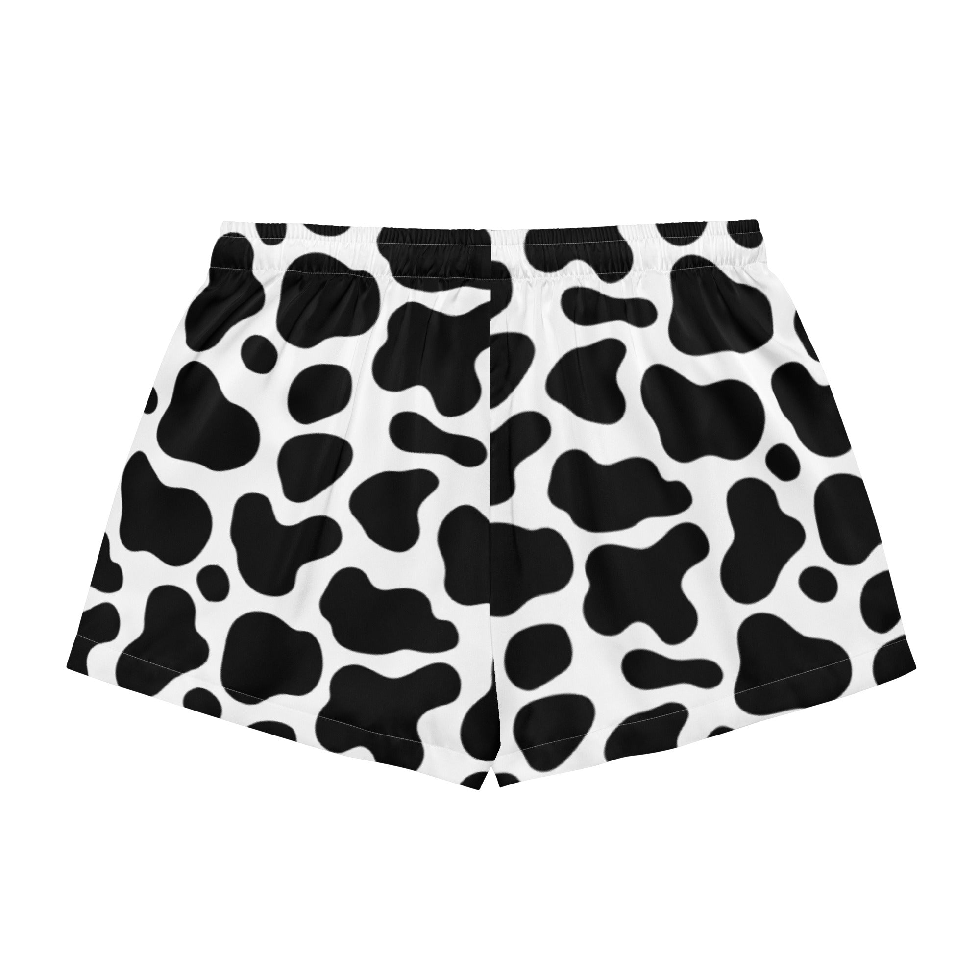 Women’s black and white cow print silky pajama shorts with lightweight relaxed fit and drawstring waist front view