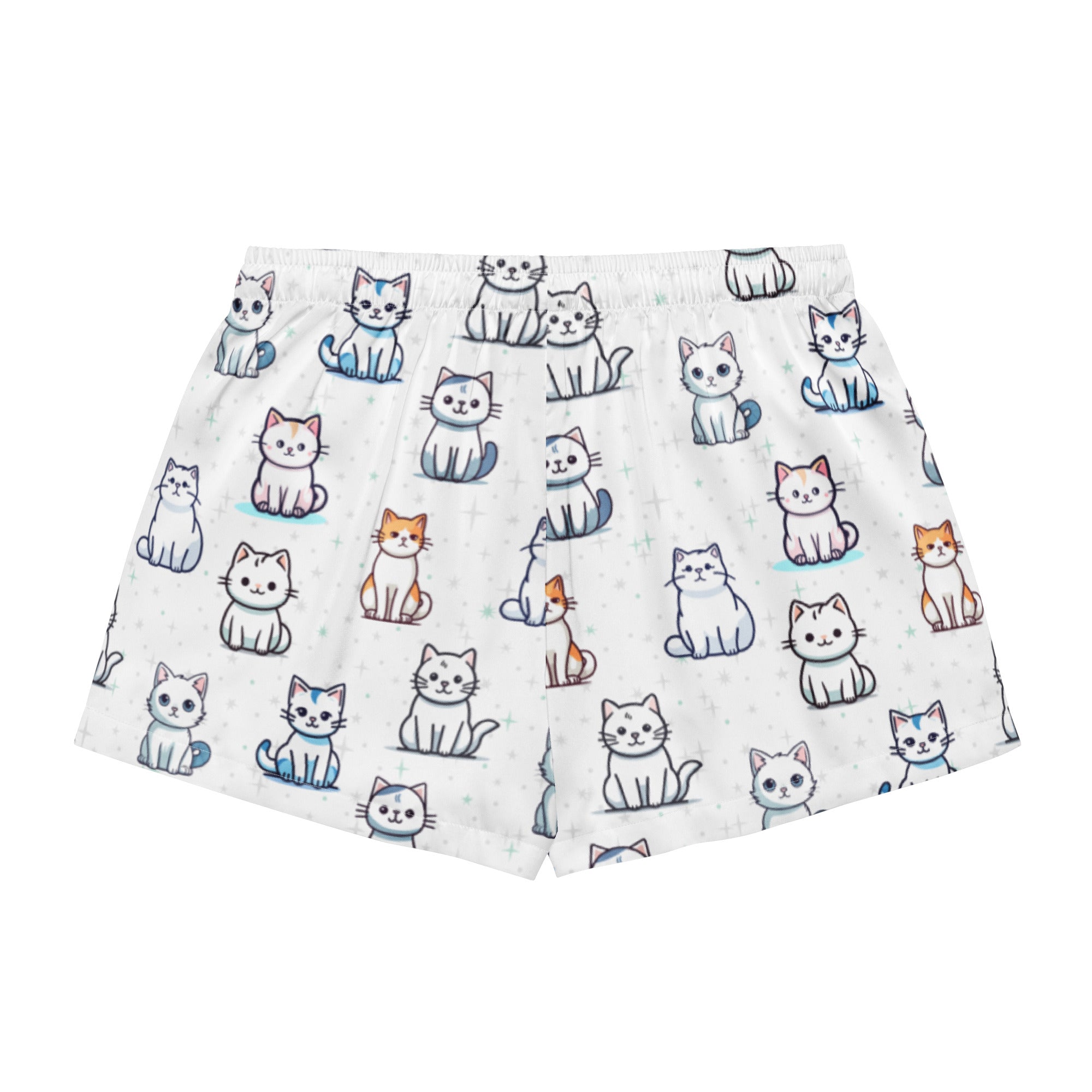 White silky women’s pajama shorts with playful cartoon cats print in various colors and a drawstring waist