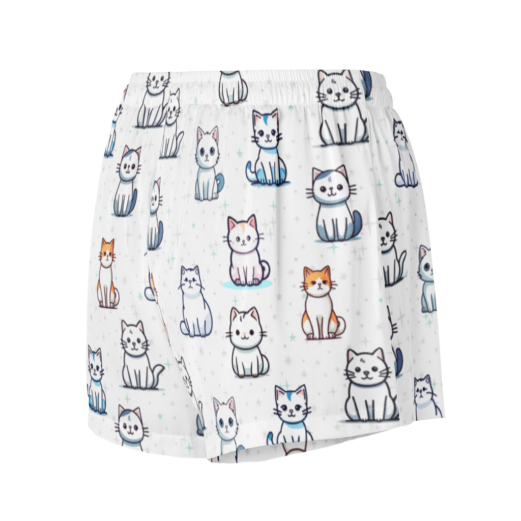 Women’s white silky pajama shorts with colorful cartoon cat pattern lightweight relaxed fit with drawstring waist